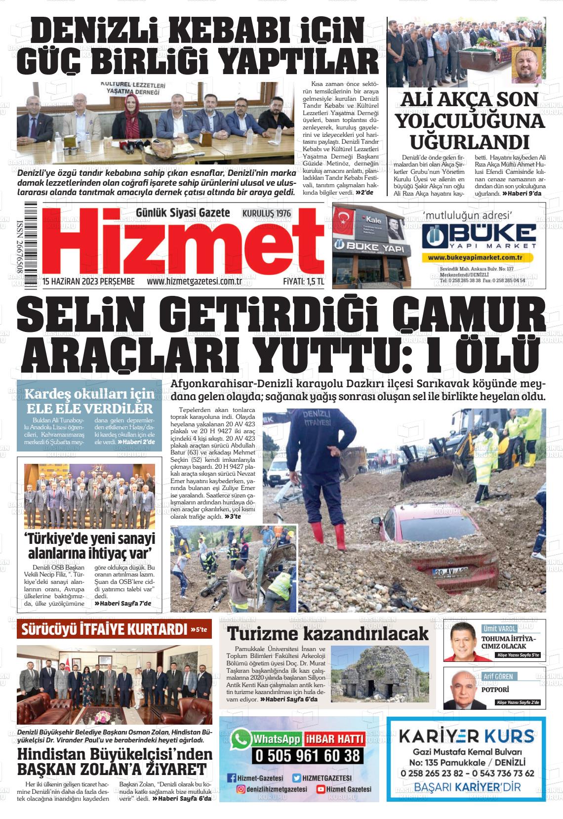 15 Haziran 2023 Hizmet Gazete Manşeti