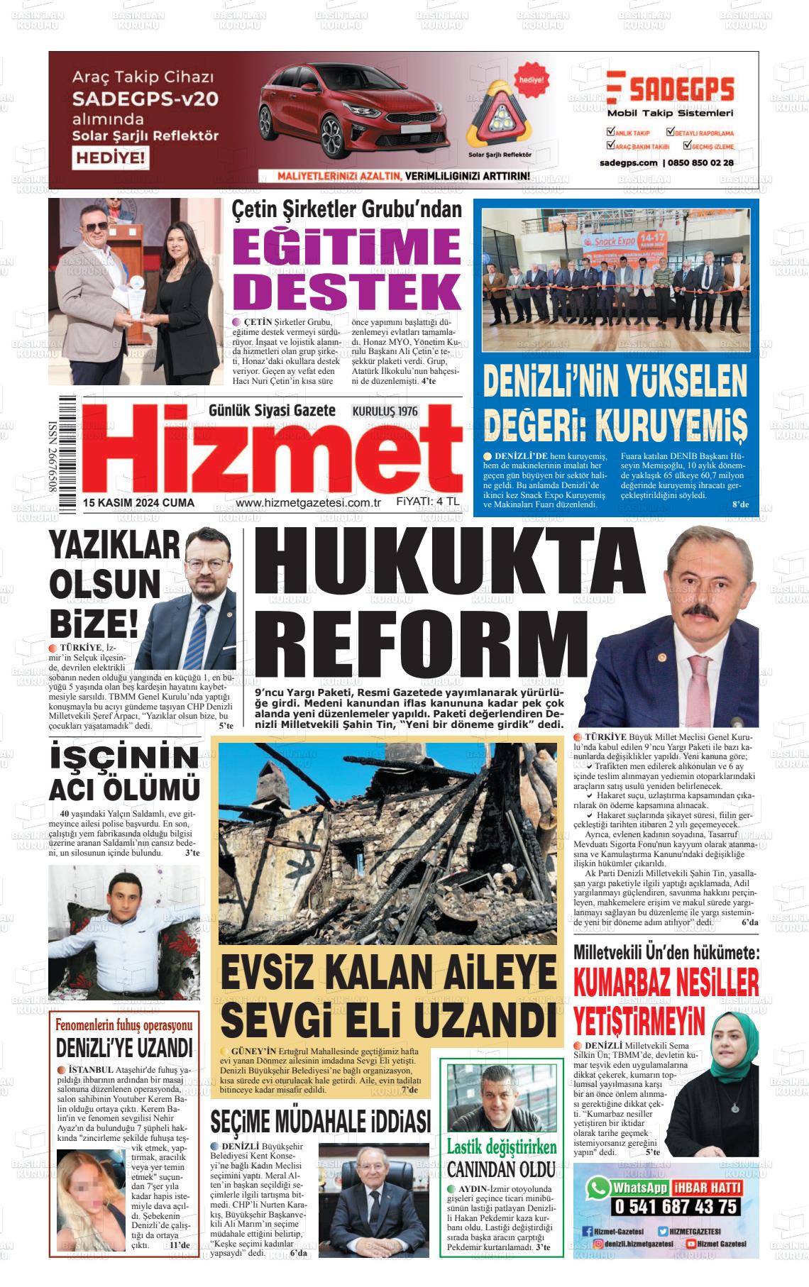 15 Kasım 2024 Hizmet Gazete Manşeti