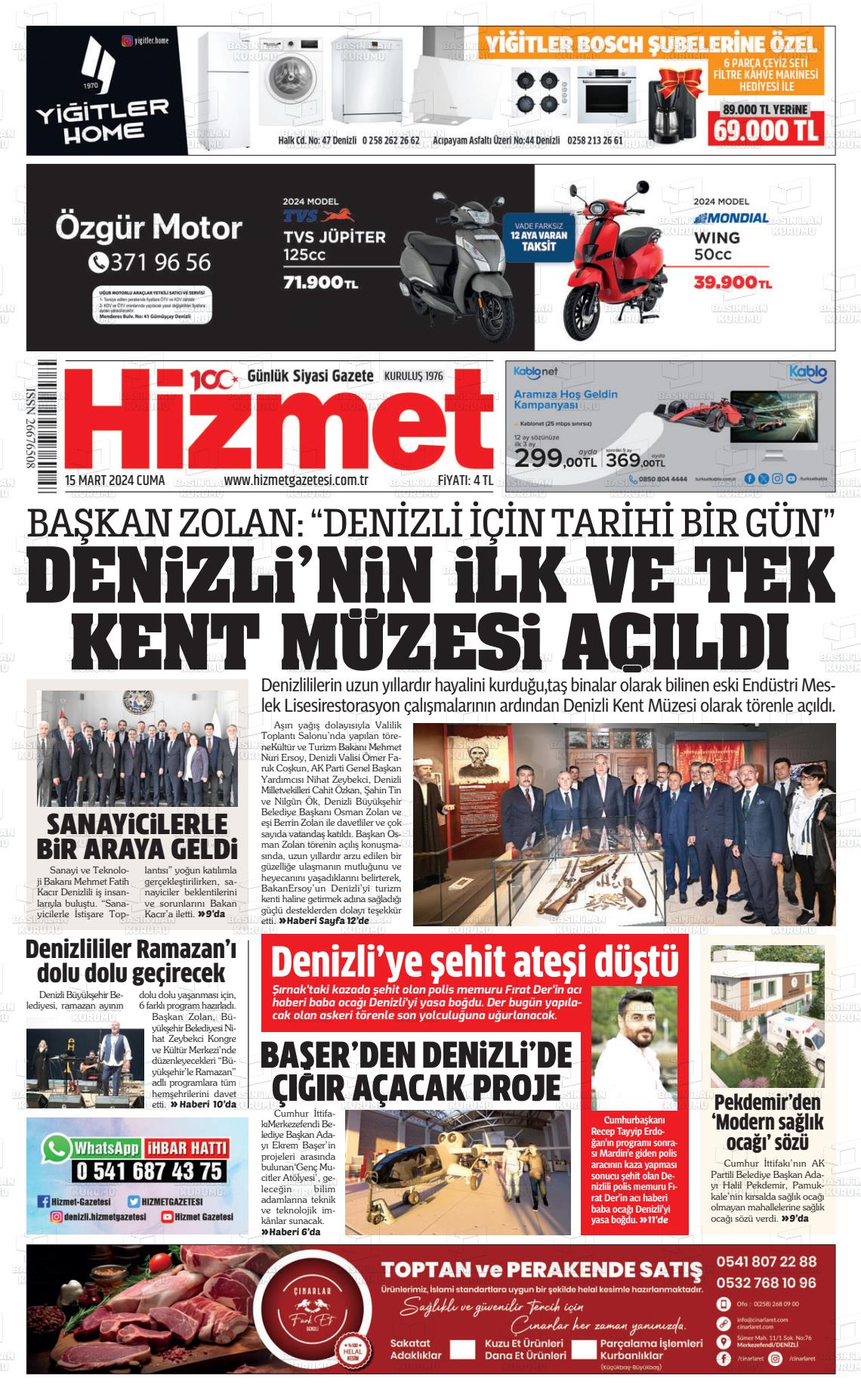 15 Mart 2024 Hizmet Gazete Manşeti