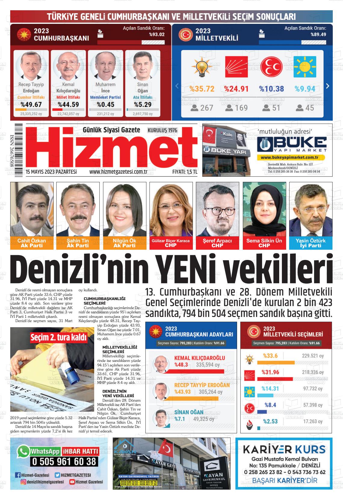 15 Mayıs 2023 Hizmet Gazete Manşeti