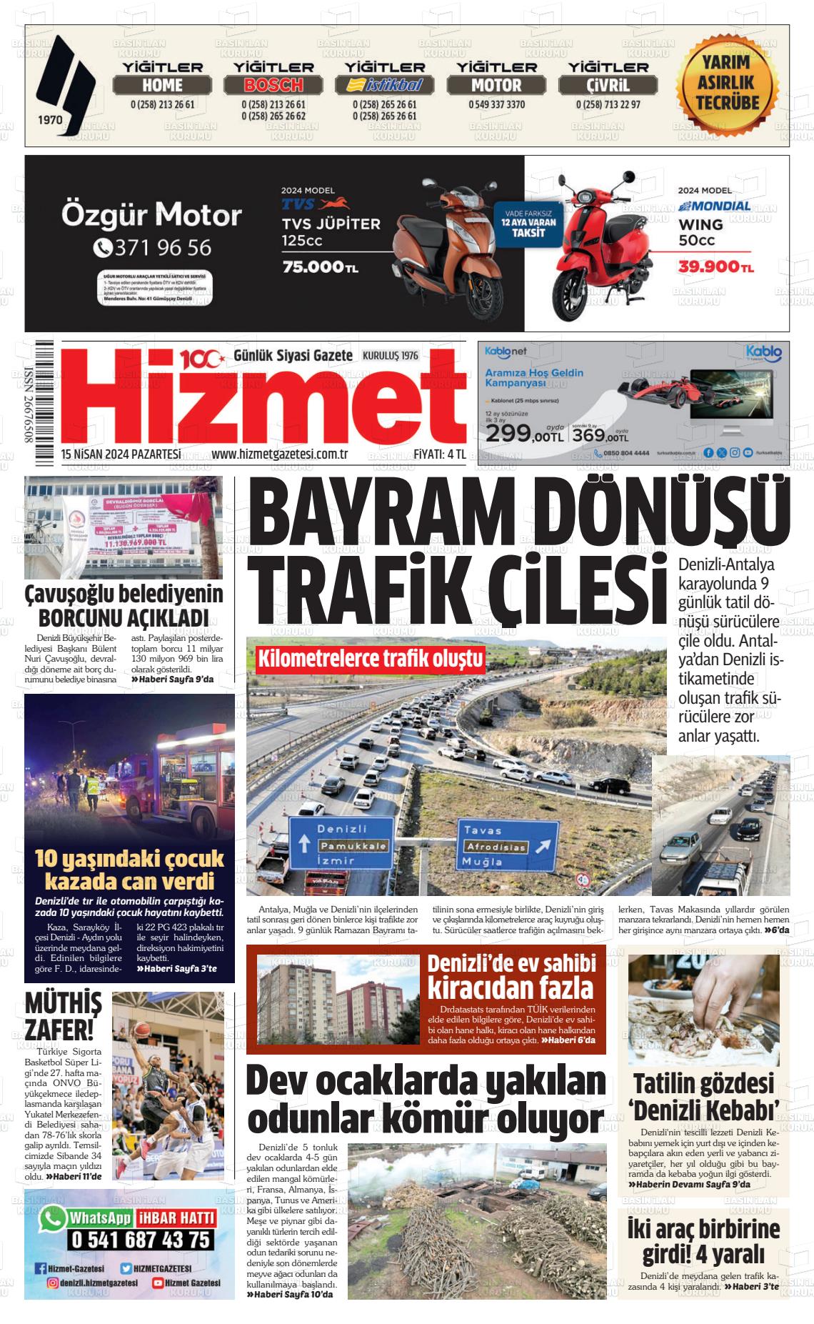 15 Nisan 2024 Hizmet Gazete Manşeti