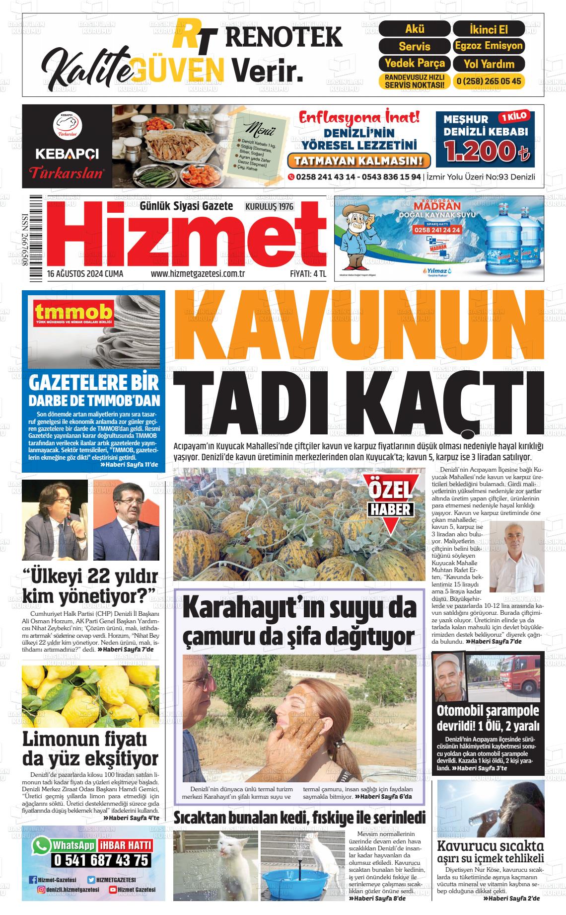 16 Ağustos 2024 Hizmet Gazete Manşeti