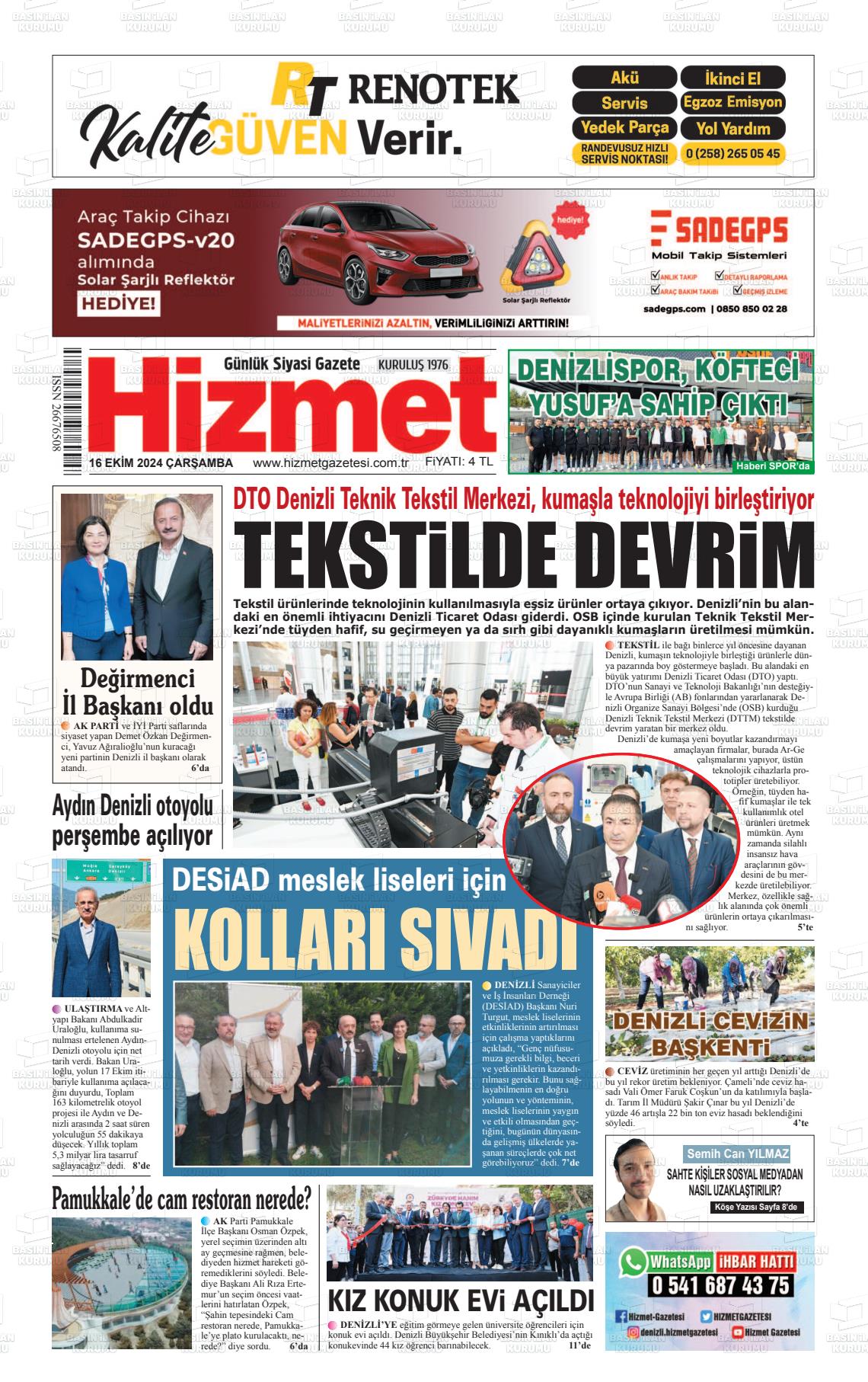 16 Ekim 2024 Hizmet Gazete Manşeti