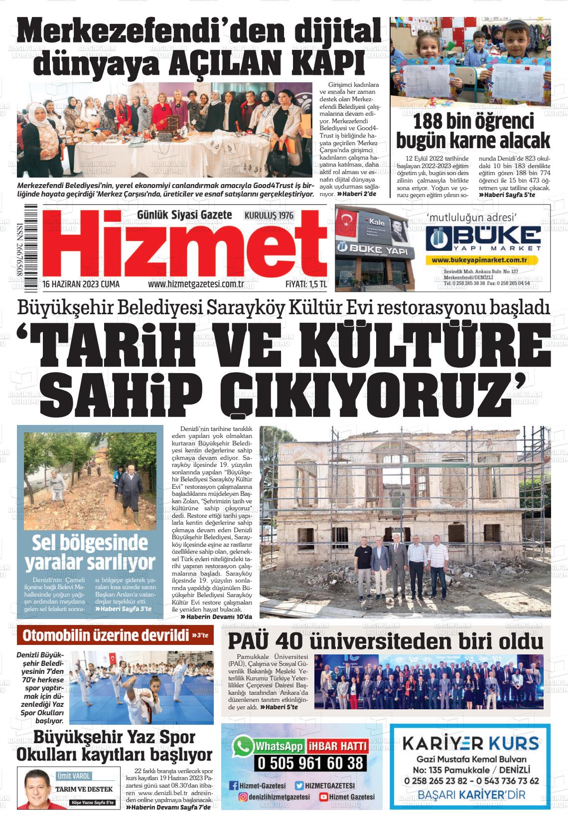 16 Haziran 2023 Hizmet Gazete Manşeti