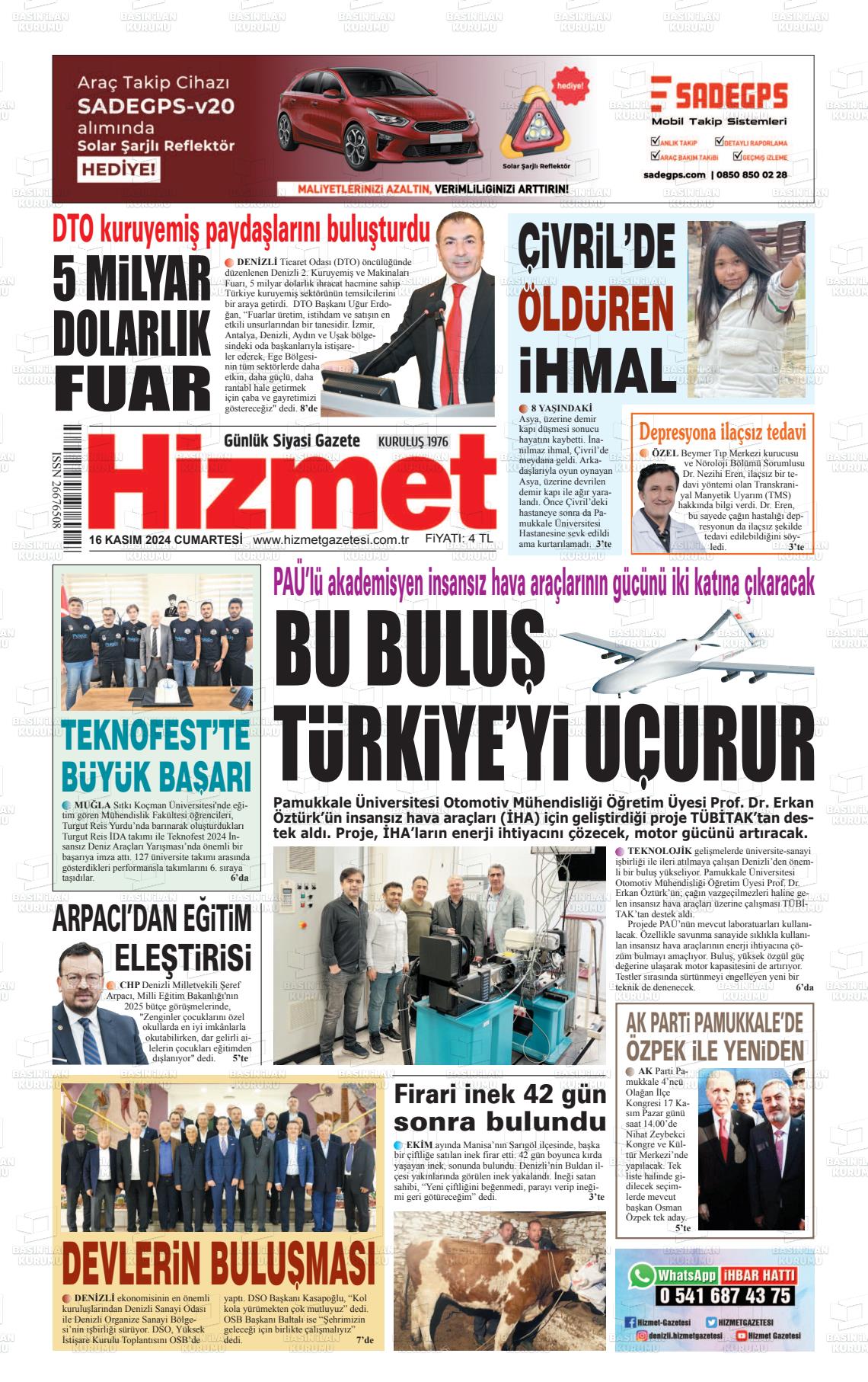 16 Kasım 2024 Hizmet Gazete Manşeti