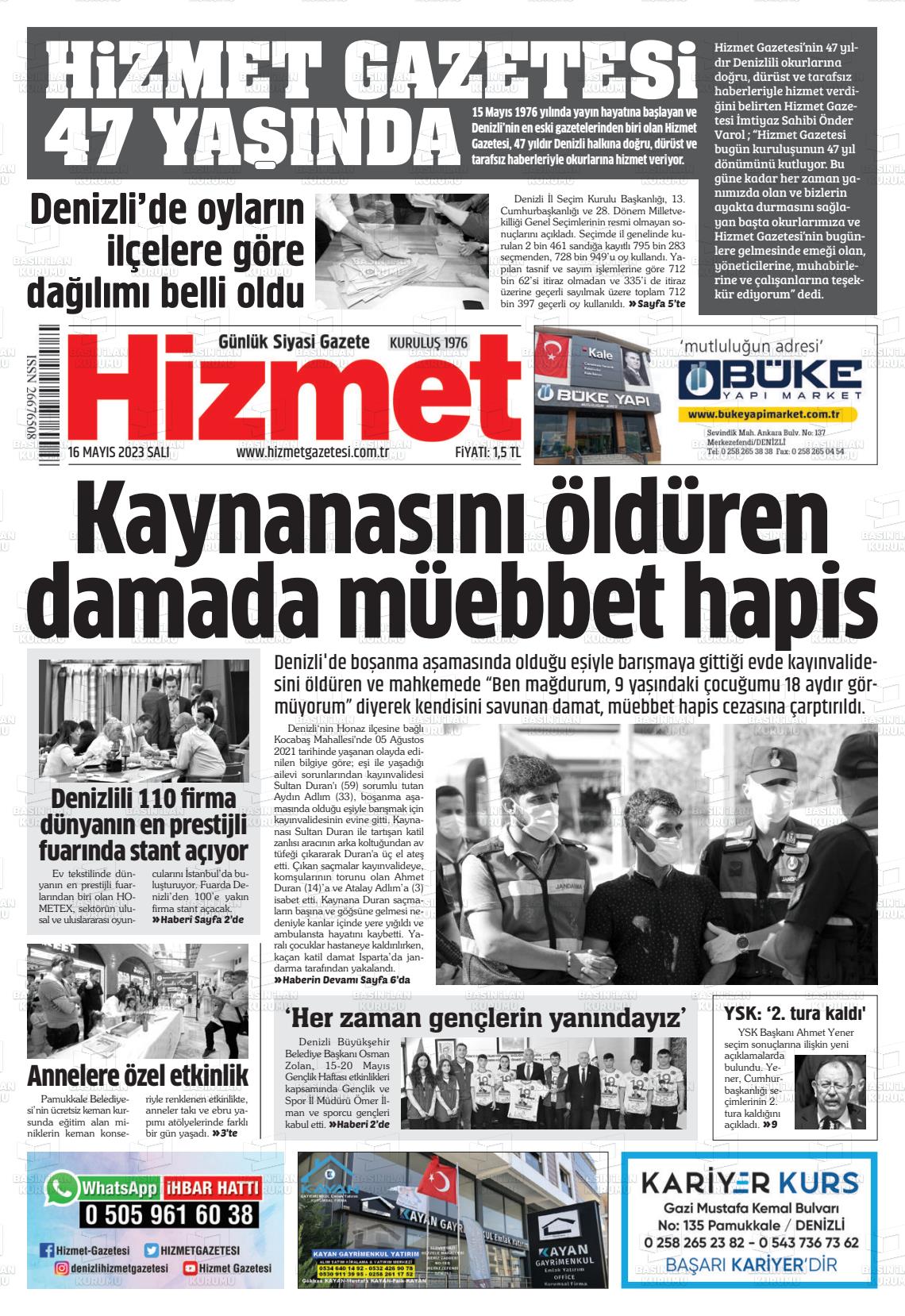 16 Mayıs 2023 Hizmet Gazete Manşeti