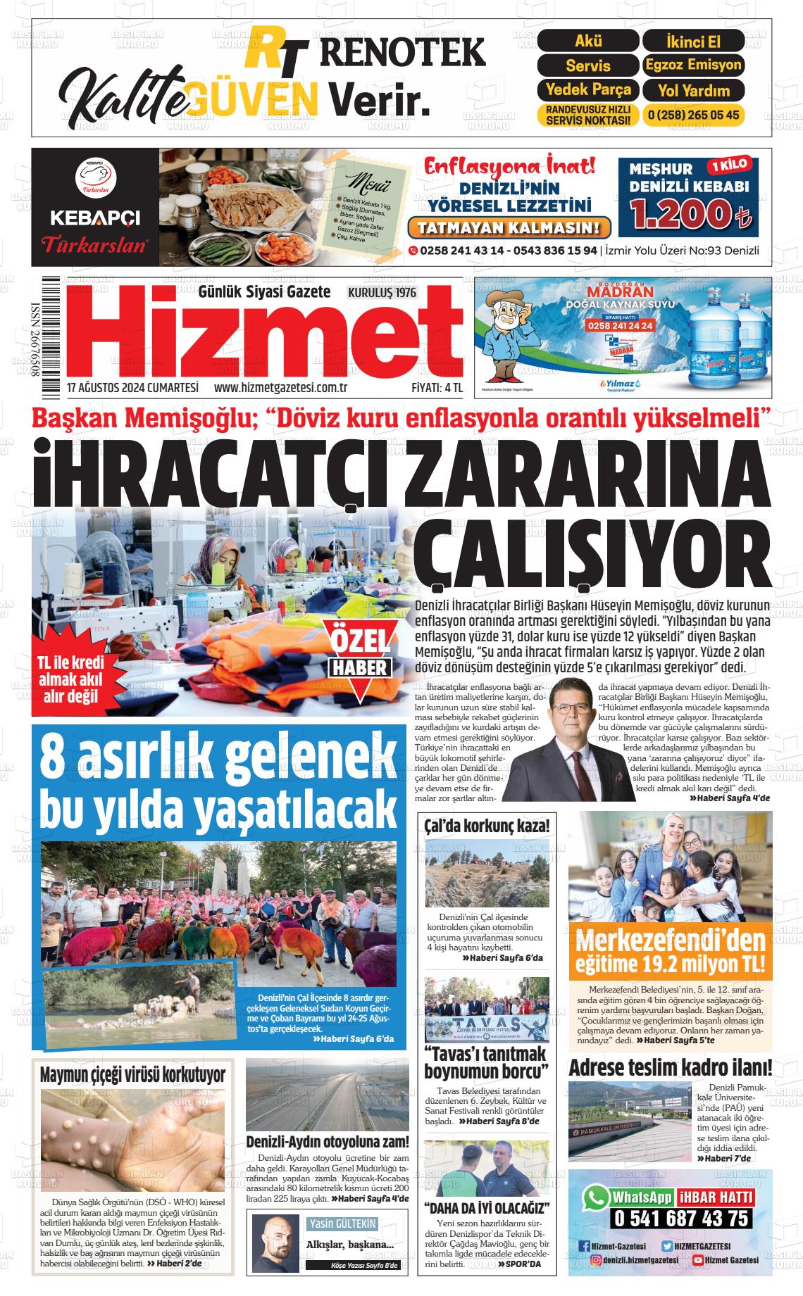 17 Ağustos 2024 Hizmet Gazete Manşeti