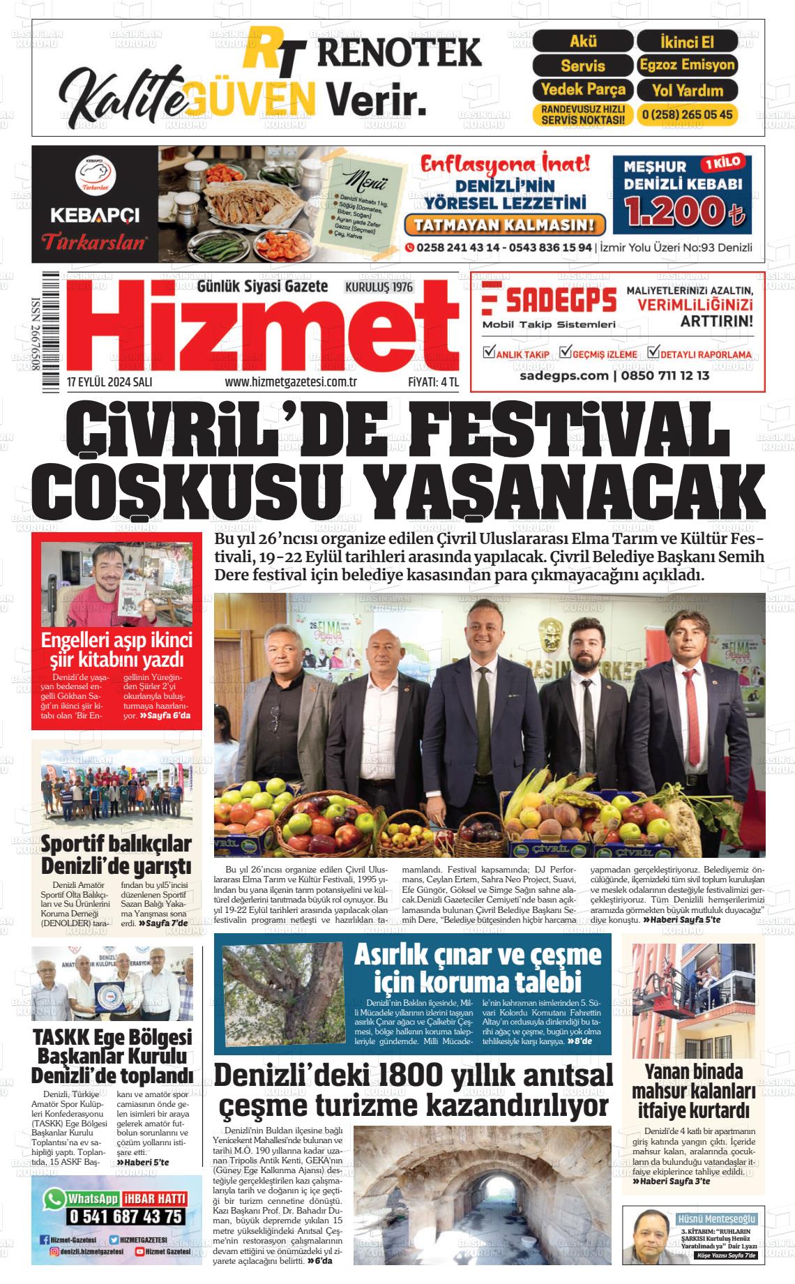 17 Eylül 2024 Hizmet Gazete Manşeti