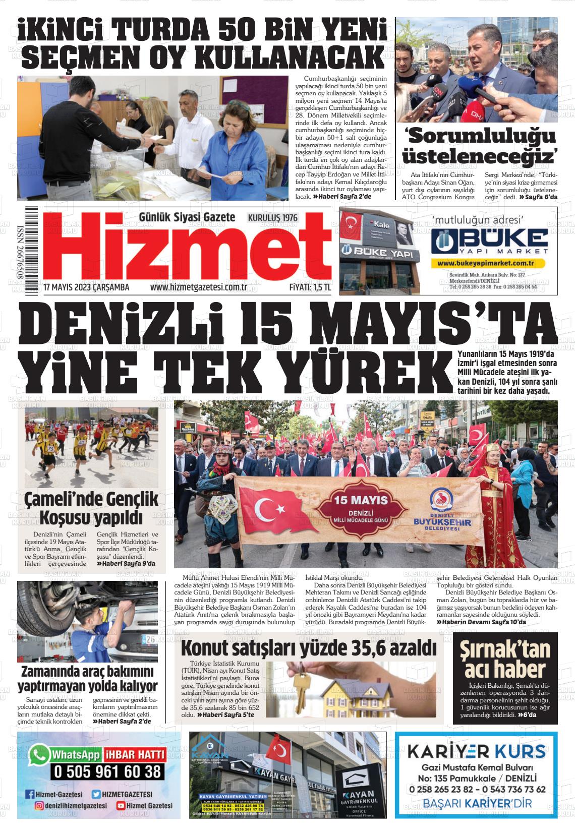 17 Mayıs 2023 Hizmet Gazete Manşeti