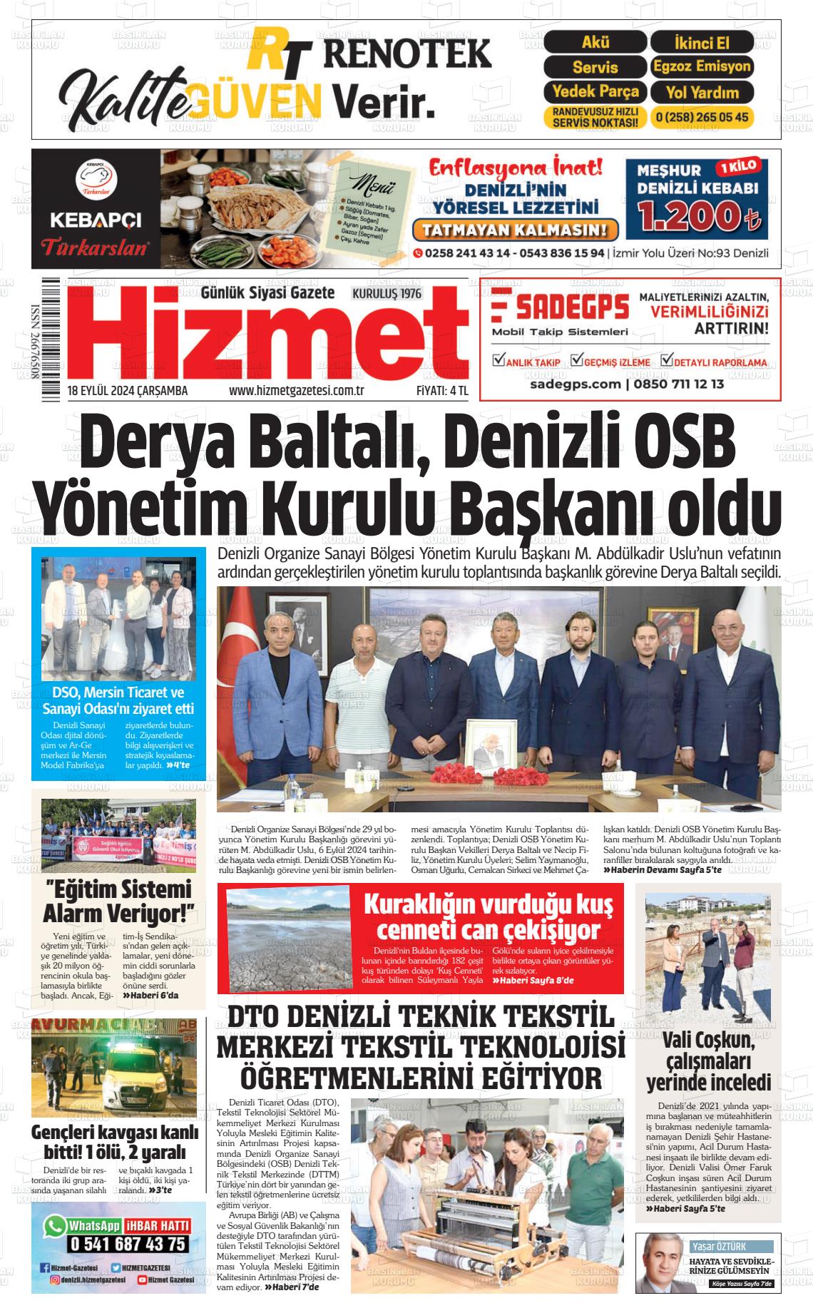 18 Eylül 2024 Hizmet Gazete Manşeti