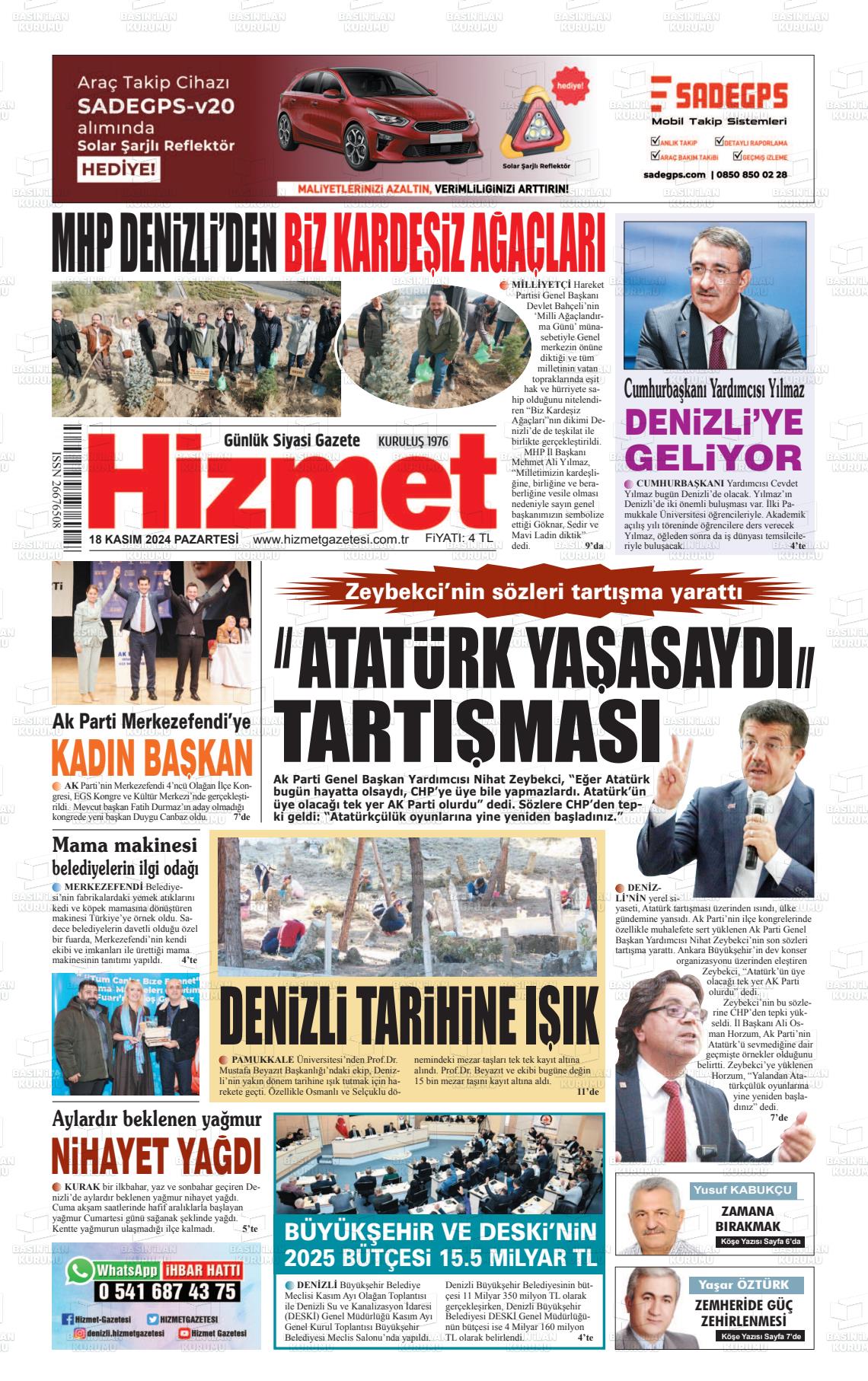 18 Kasım 2024 Hizmet Gazete Manşeti