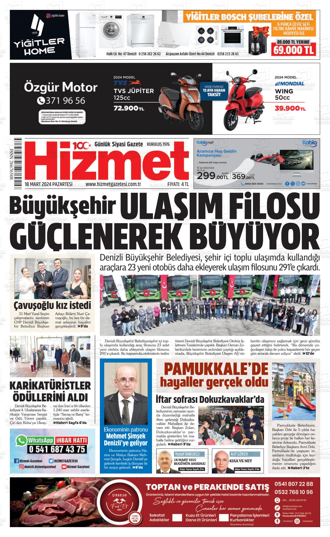 18 Mart 2024 Hizmet Gazete Manşeti