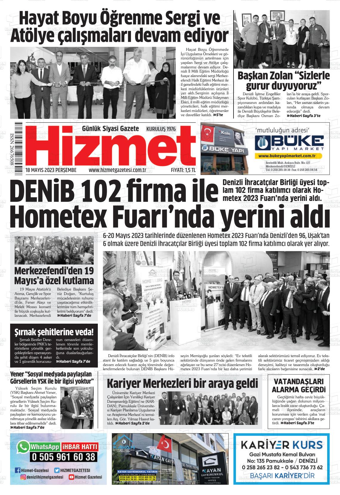 18 Mayıs 2023 Hizmet Gazete Manşeti