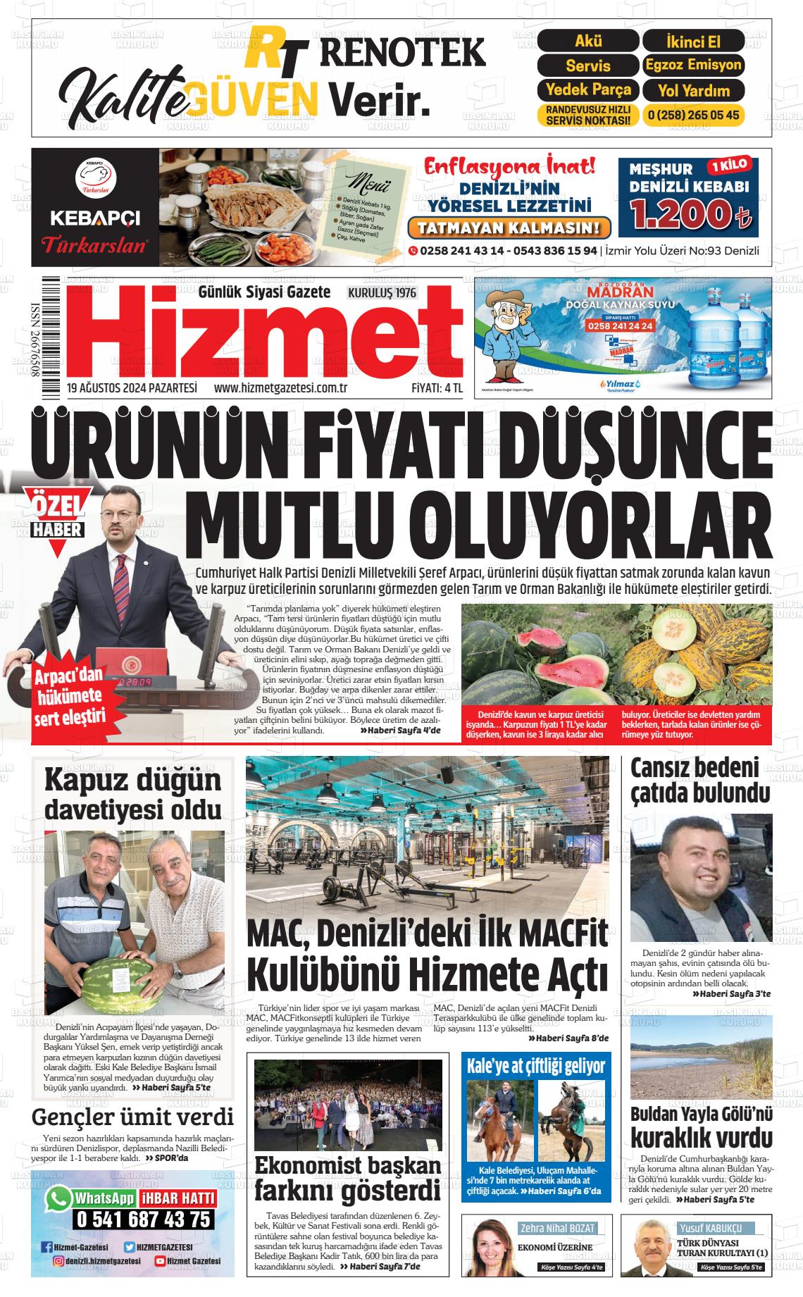 19 Ağustos 2024 Hizmet Gazete Manşeti