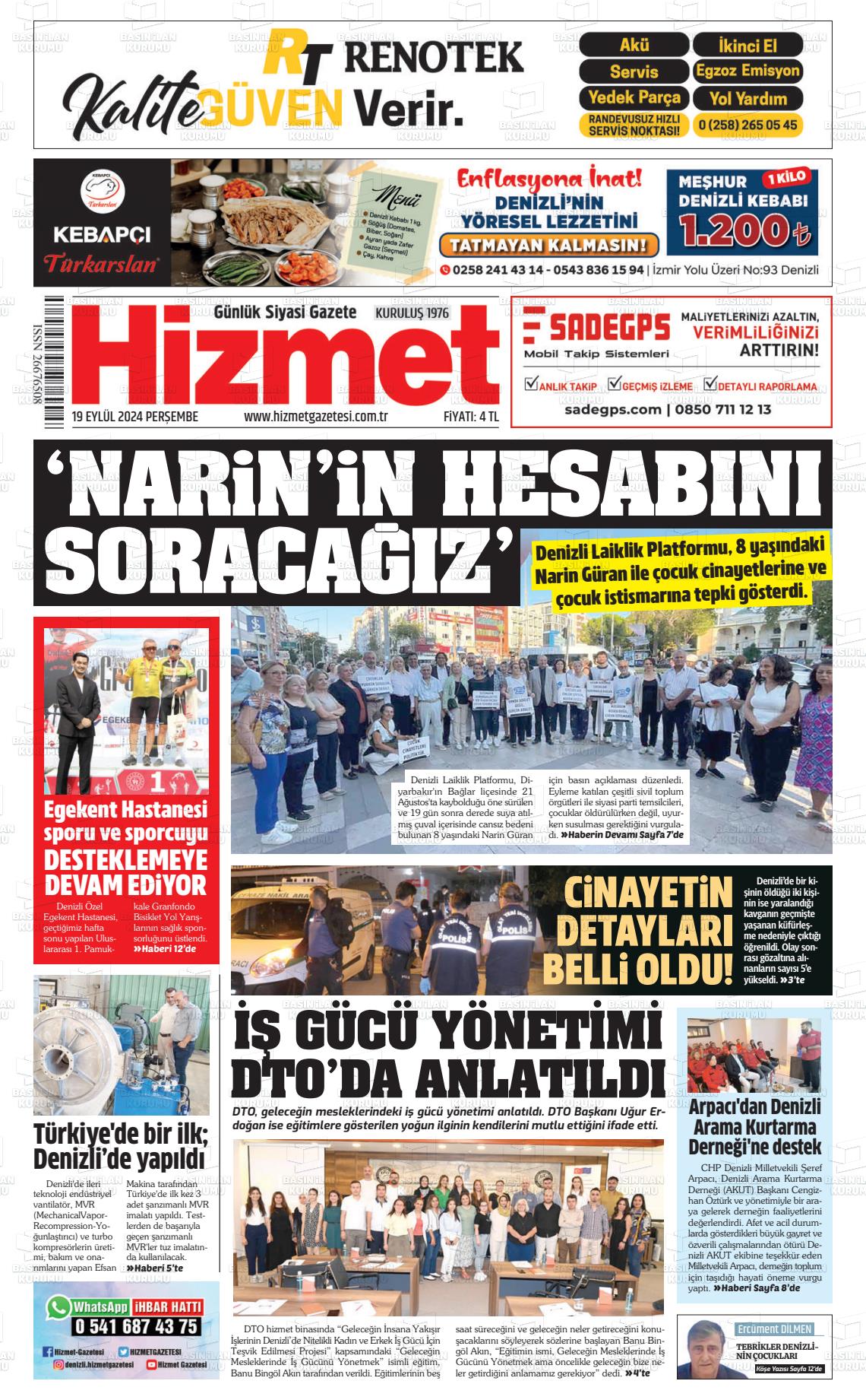 19 Eylül 2024 Hizmet Gazete Manşeti