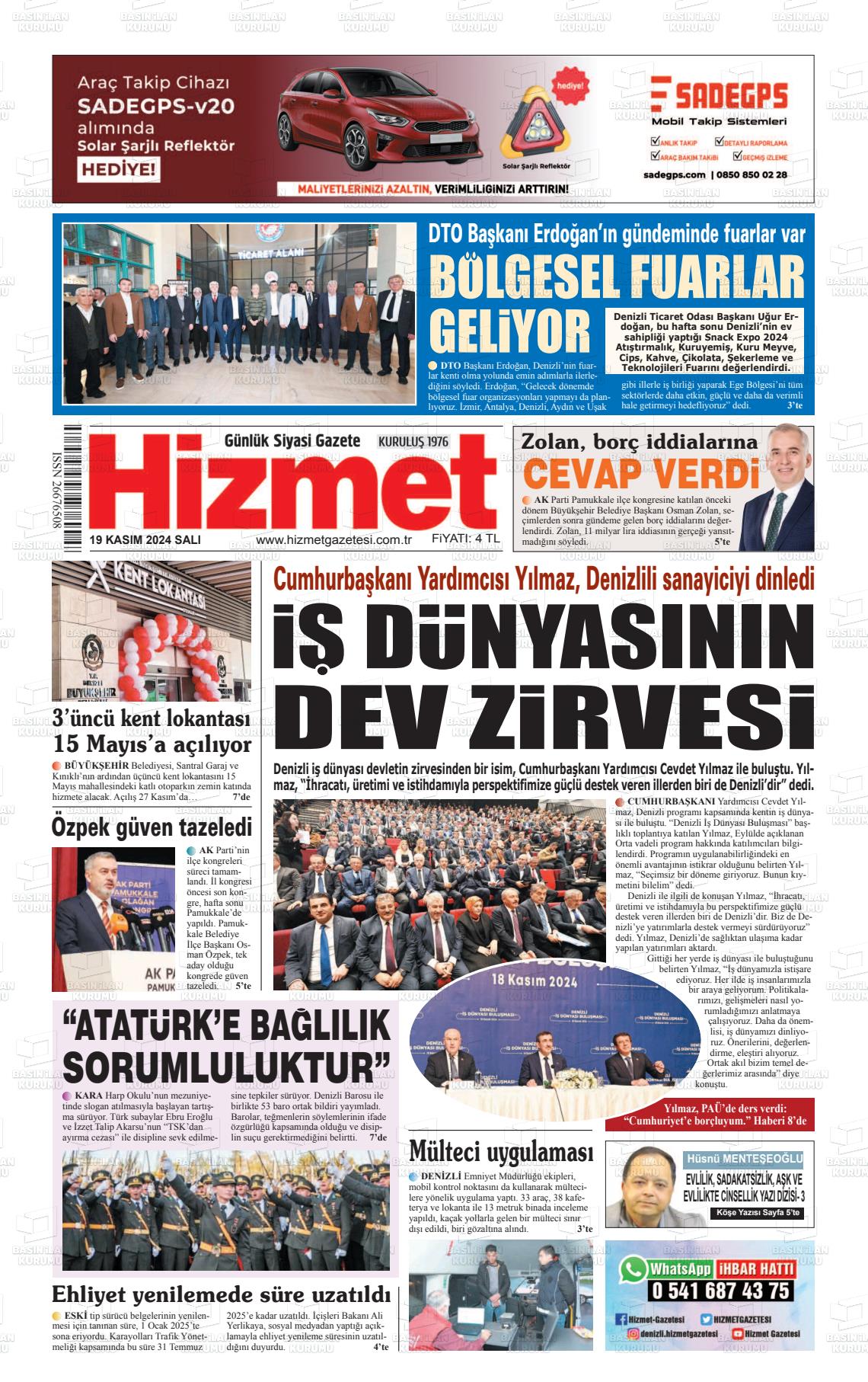 19 Kasım 2024 Hizmet Gazete Manşeti