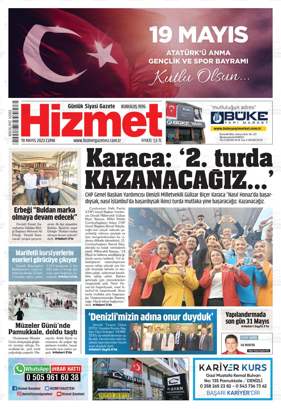 19 Mayıs 2023 Hizmet Gazete Manşeti