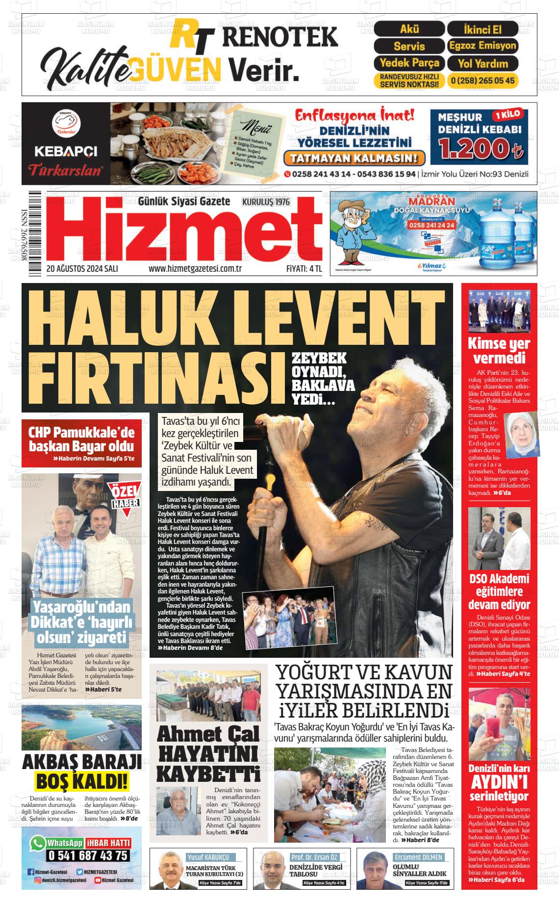 20 Ağustos 2024 Hizmet Gazete Manşeti