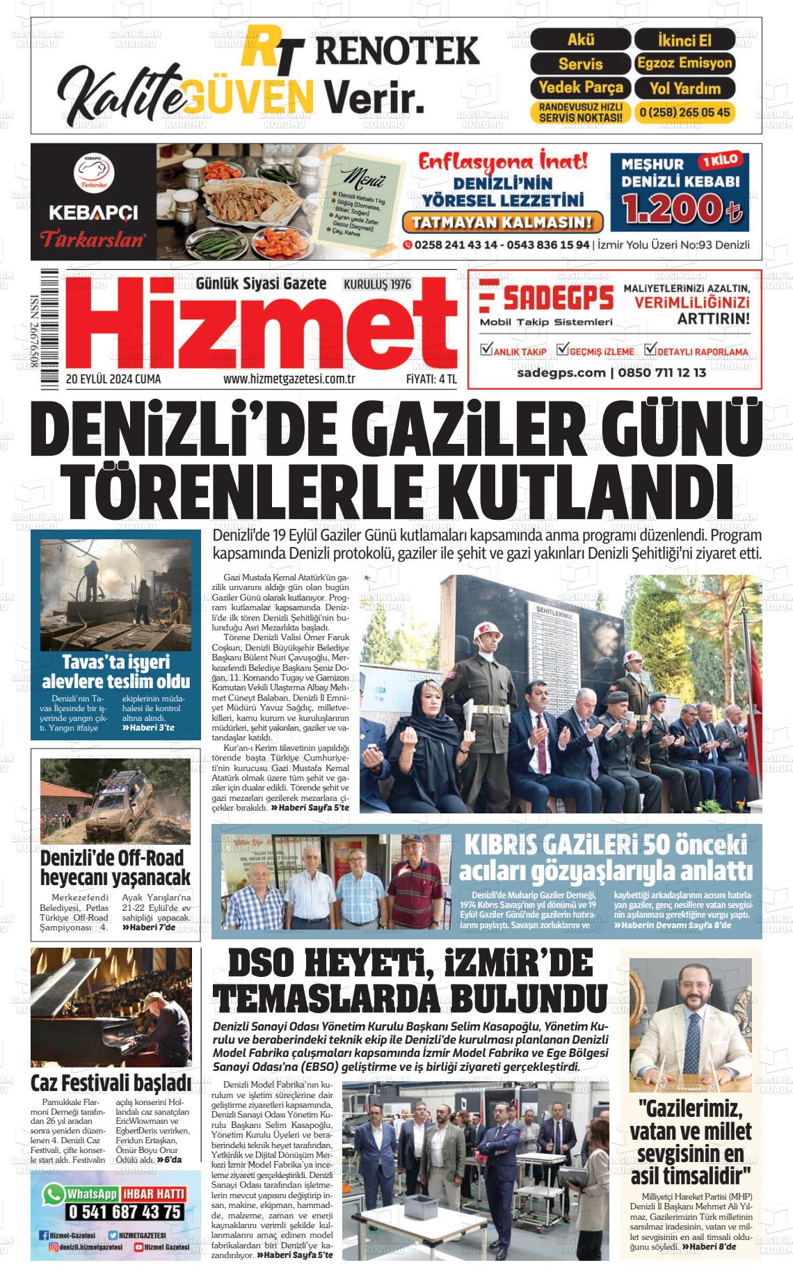 20 Eylül 2024 Hizmet Gazete Manşeti