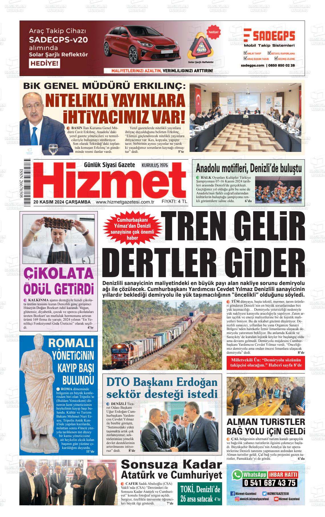 20 Kasım 2024 Hizmet Gazete Manşeti