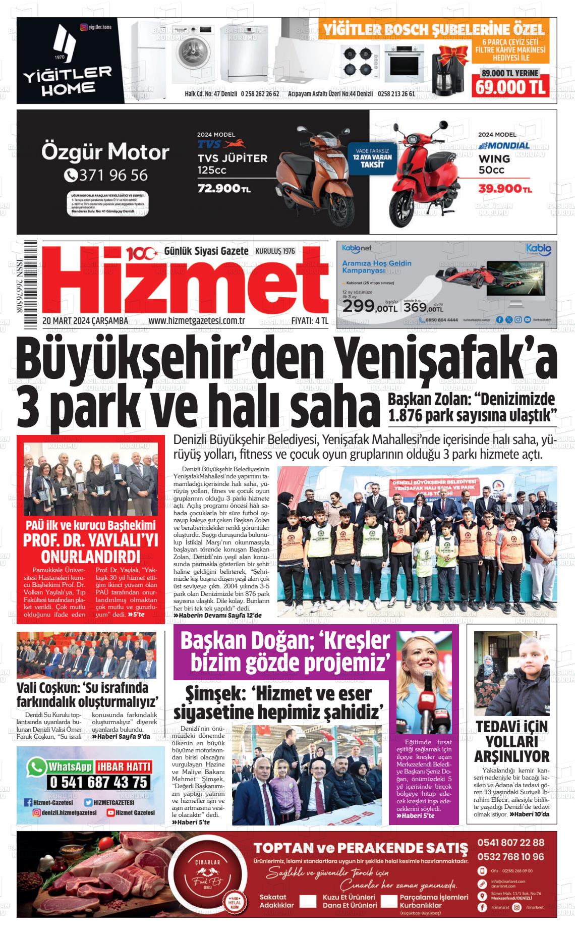 20 Mart 2024 Hizmet Gazete Manşeti