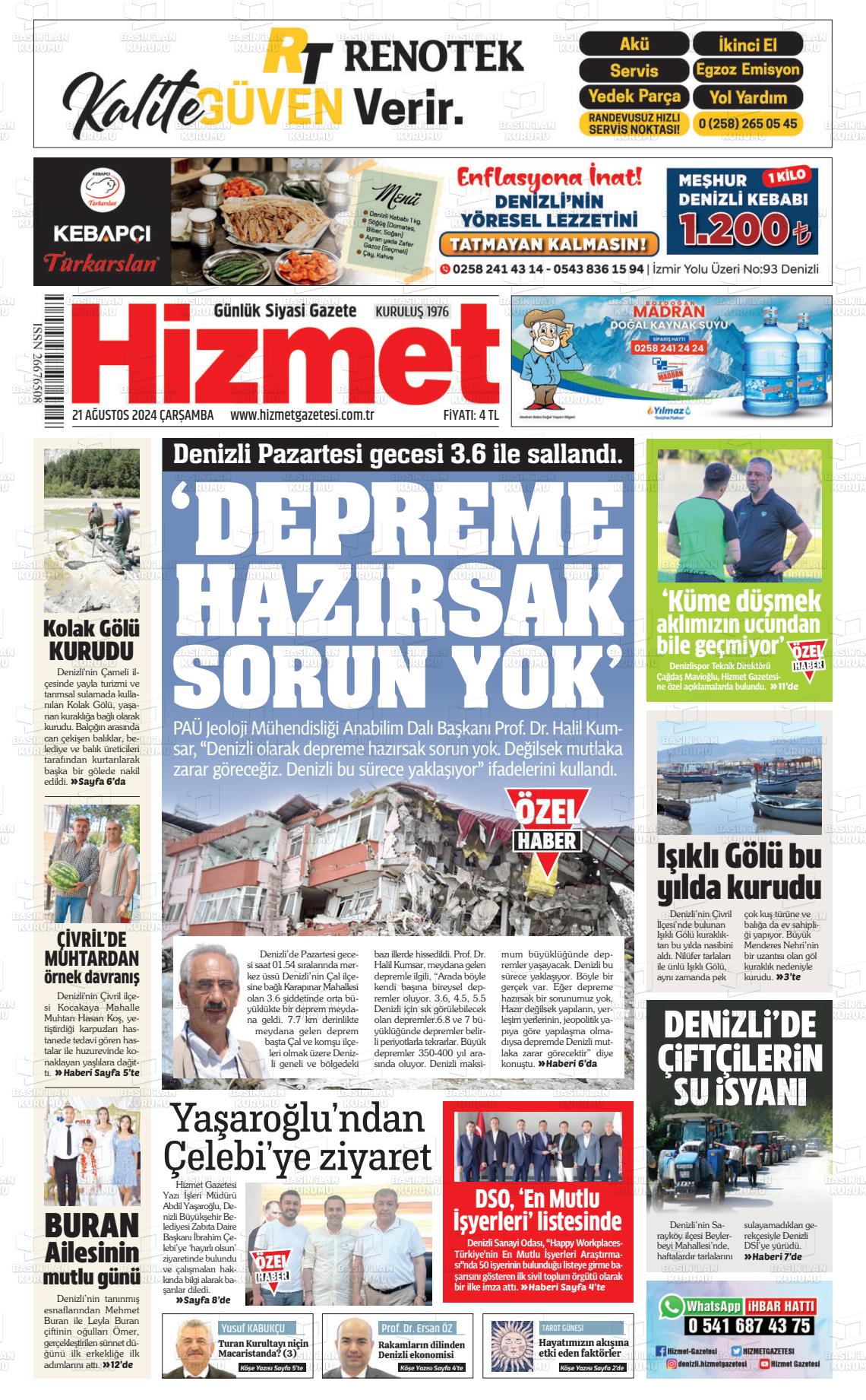 21 Ağustos 2024 Hizmet Gazete Manşeti