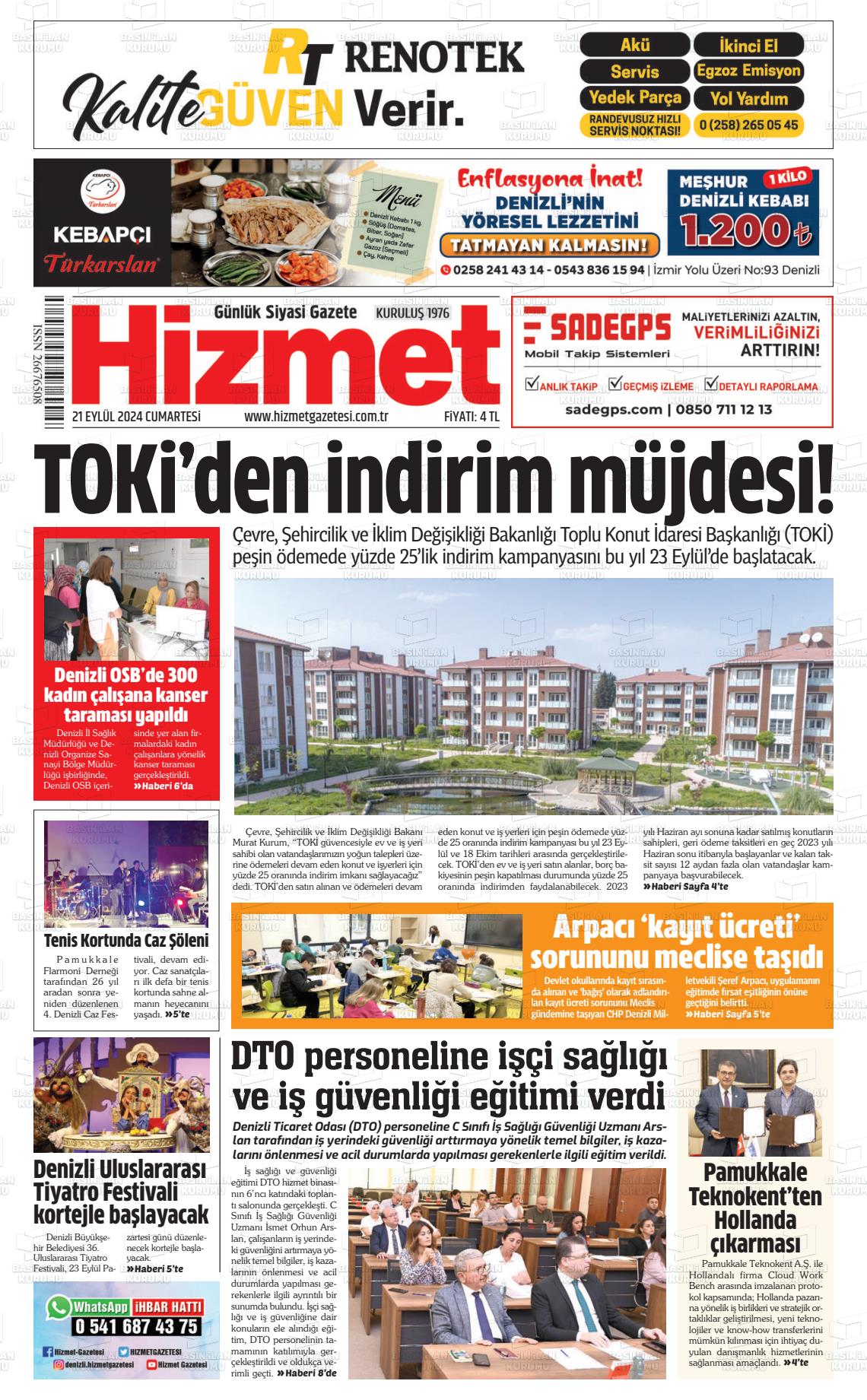 21 Eylül 2024 Hizmet Gazete Manşeti