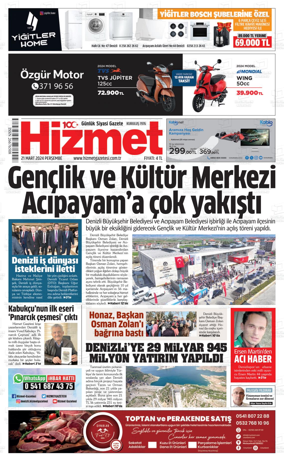 21 Mart 2024 Hizmet Gazete Manşeti