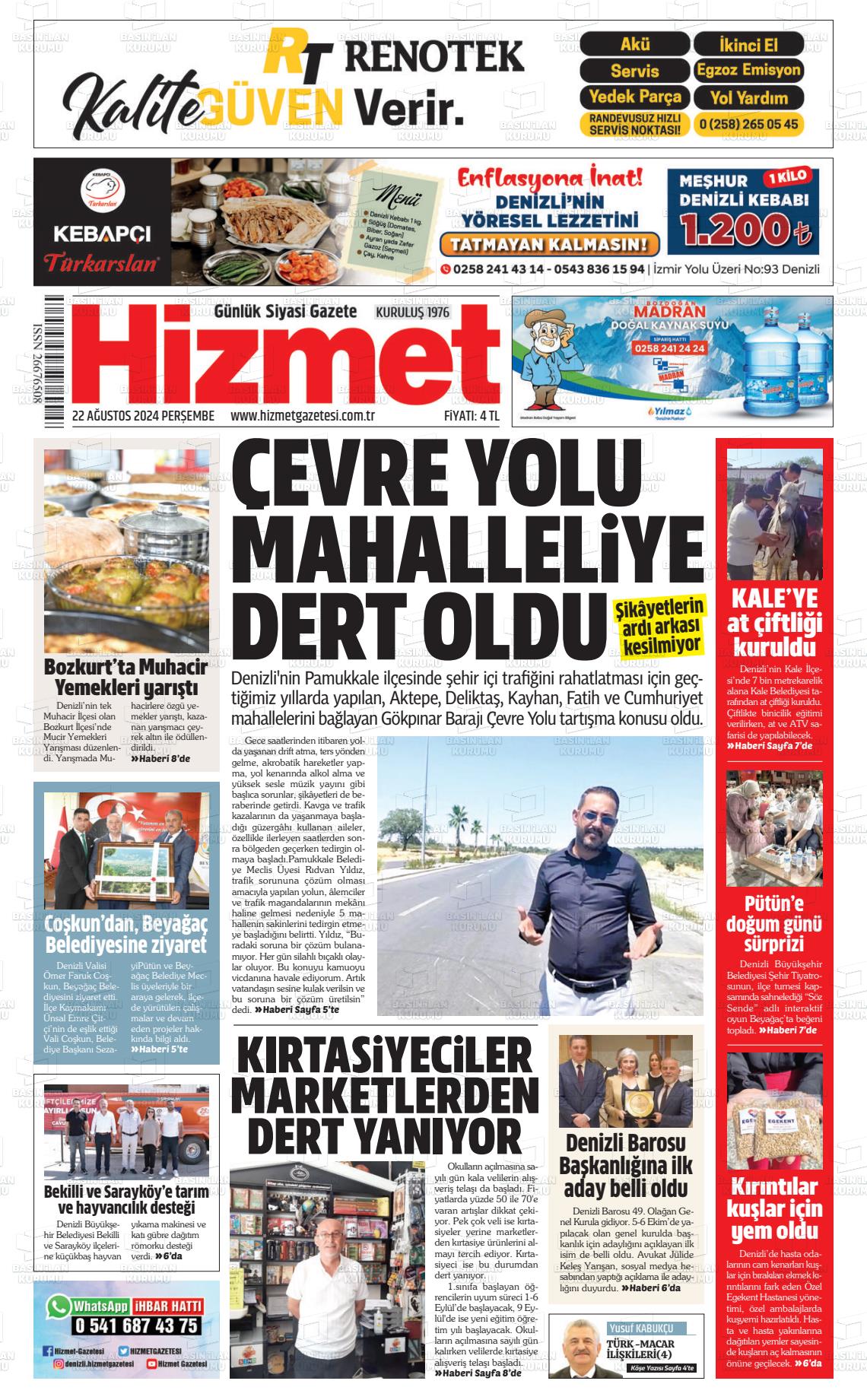 22 Ağustos 2024 Hizmet Gazete Manşeti