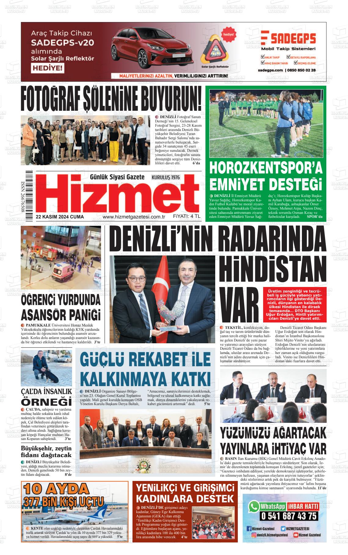 22 Kasım 2024 Hizmet Gazete Manşeti