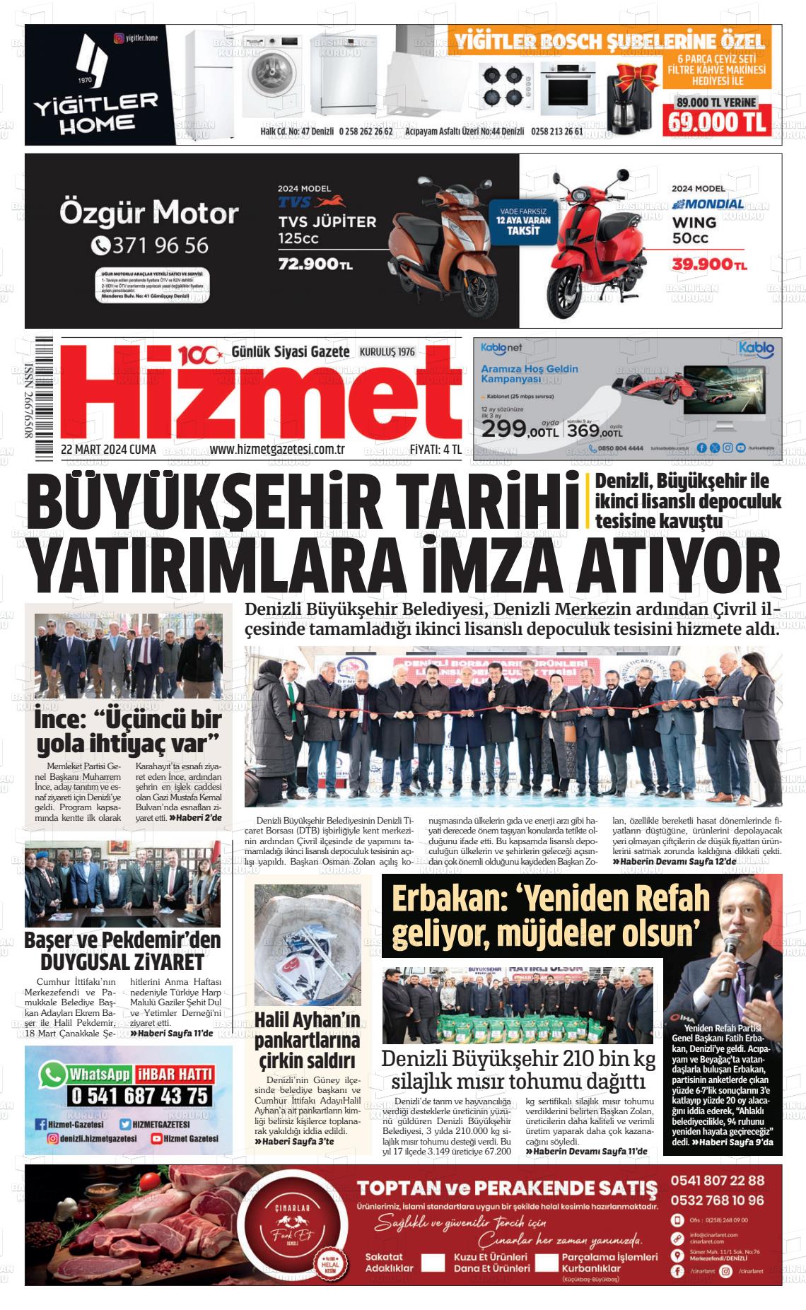 22 Mart 2024 Hizmet Gazete Manşeti