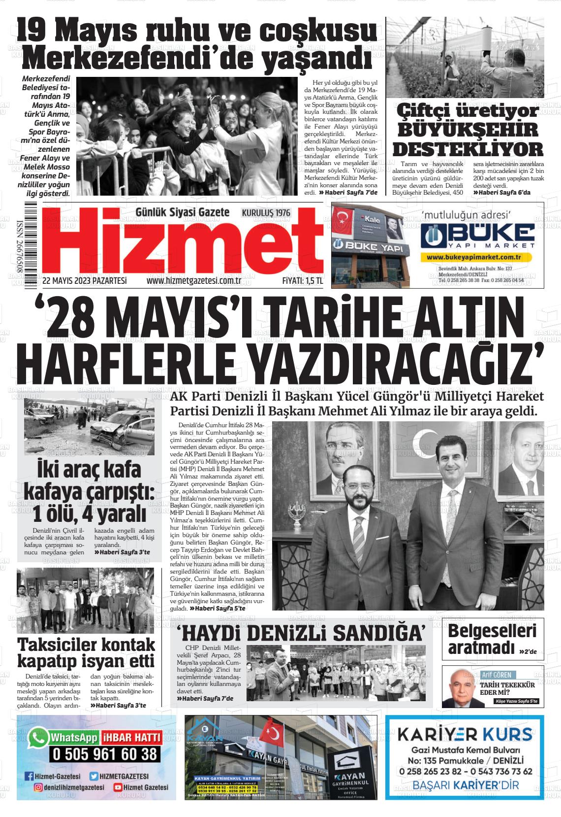 22 Mayıs 2023 Hizmet Gazete Manşeti