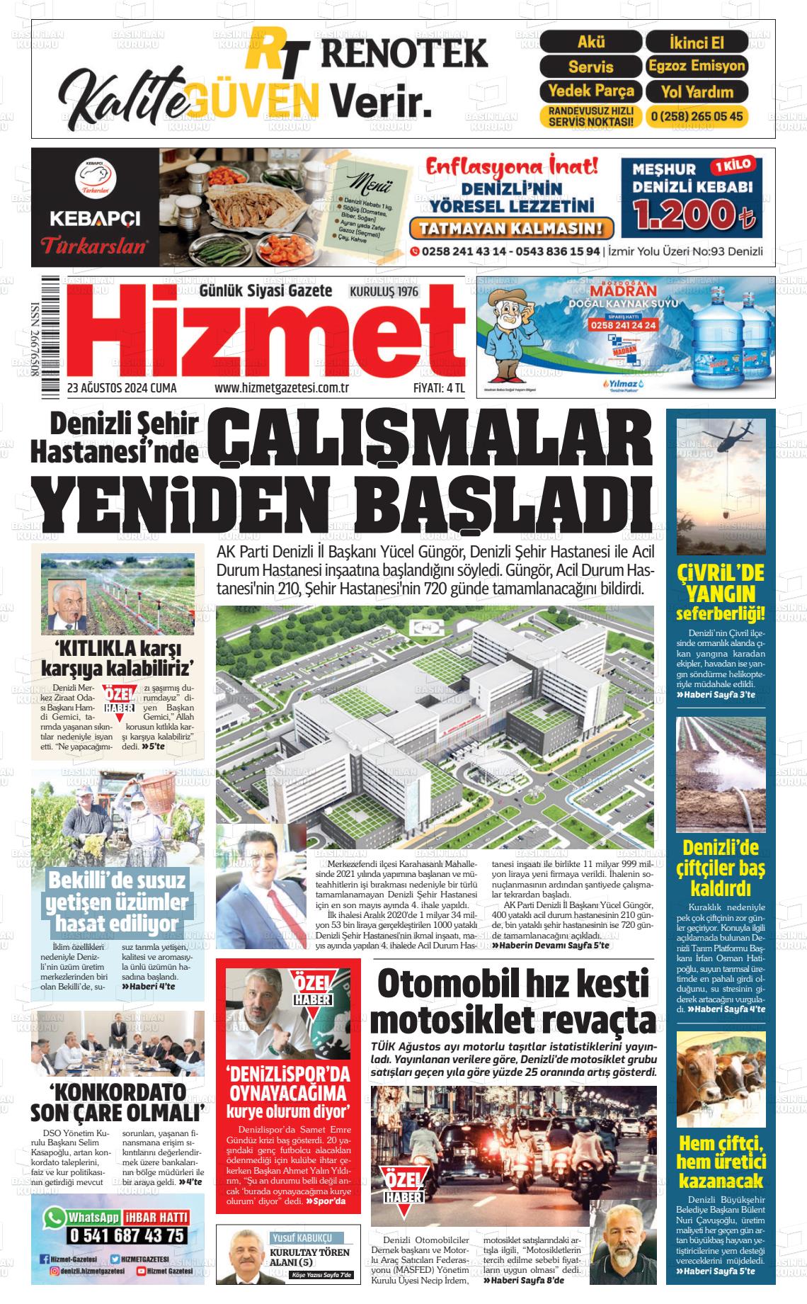 23 Ağustos 2024 Hizmet Gazete Manşeti