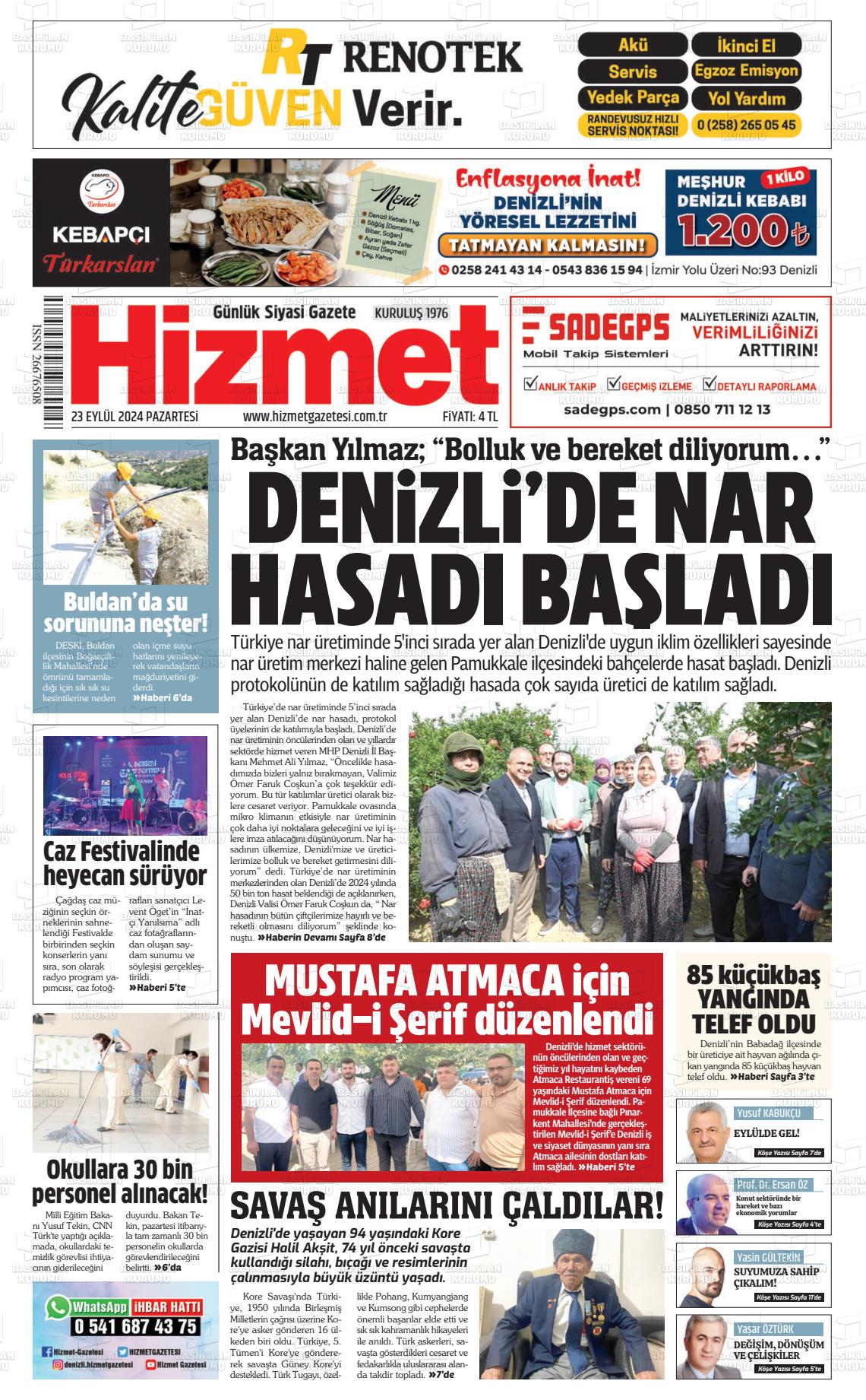 23 Eylül 2024 Hizmet Gazete Manşeti