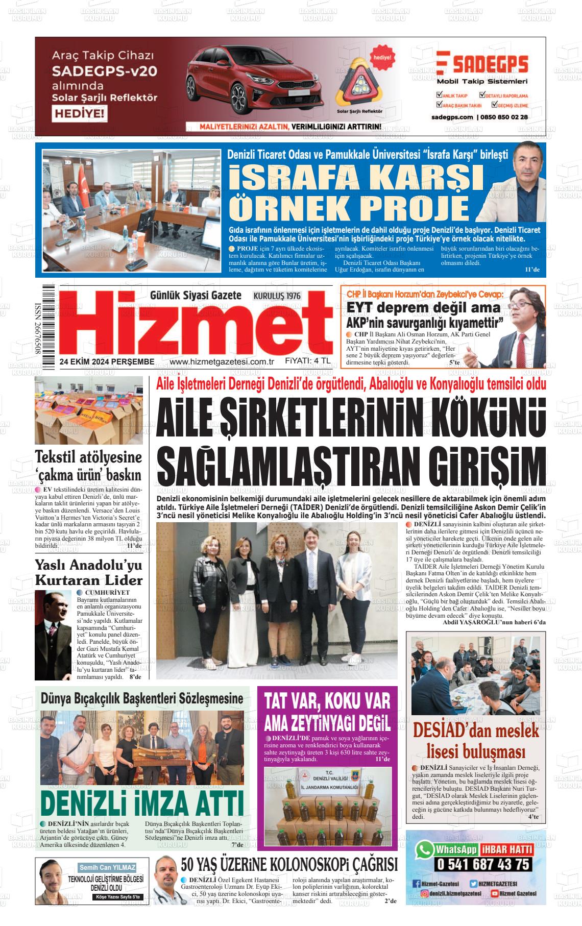 24 Ekim 2024 Hizmet Gazete Manşeti