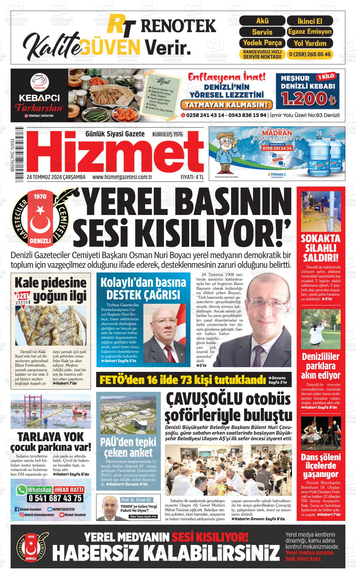 24 Temmuz 2024 Hizmet Gazete Manşeti