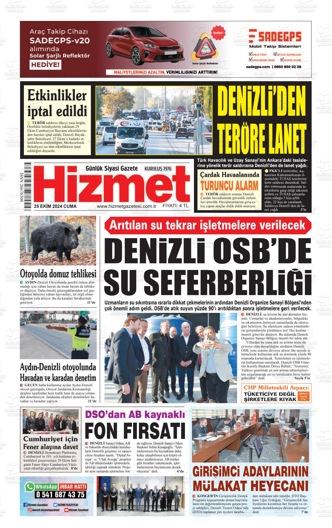 25 Ekim 2024 Hizmet Gazete Manşeti