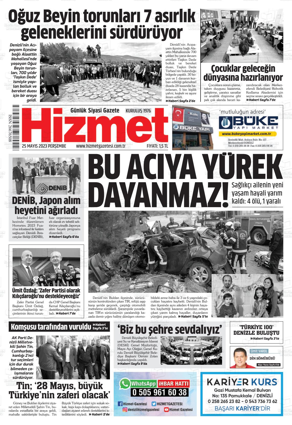 25 Mayıs 2023 Hizmet Gazete Manşeti