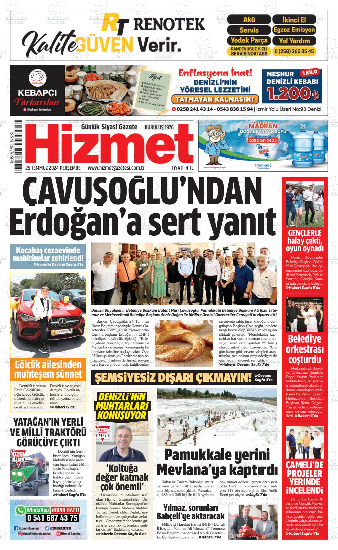 25 Temmuz 2024 Hizmet Gazete Manşeti