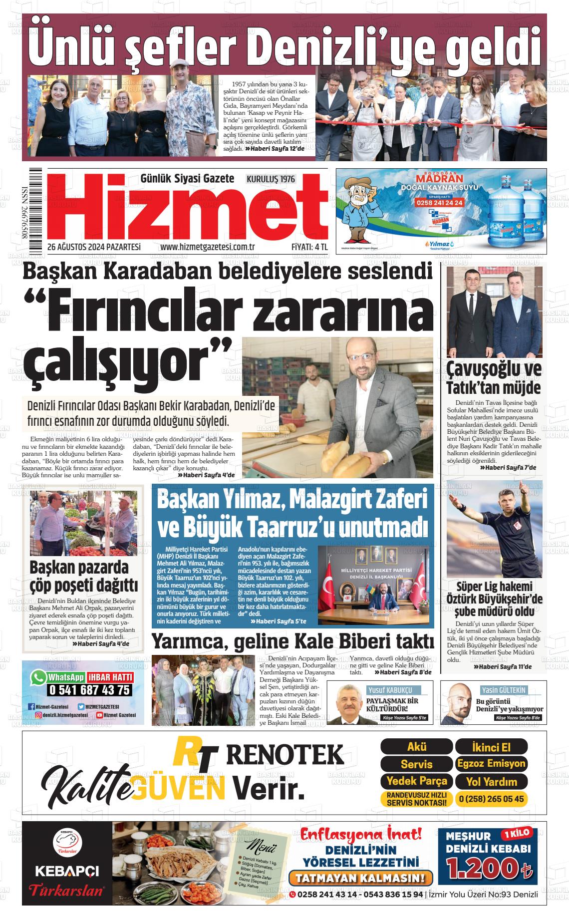 26 Ağustos 2024 Hizmet Gazete Manşeti