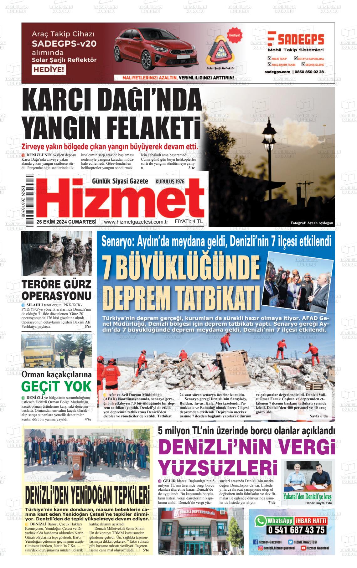 26 Ekim 2024 Hizmet Gazete Manşeti