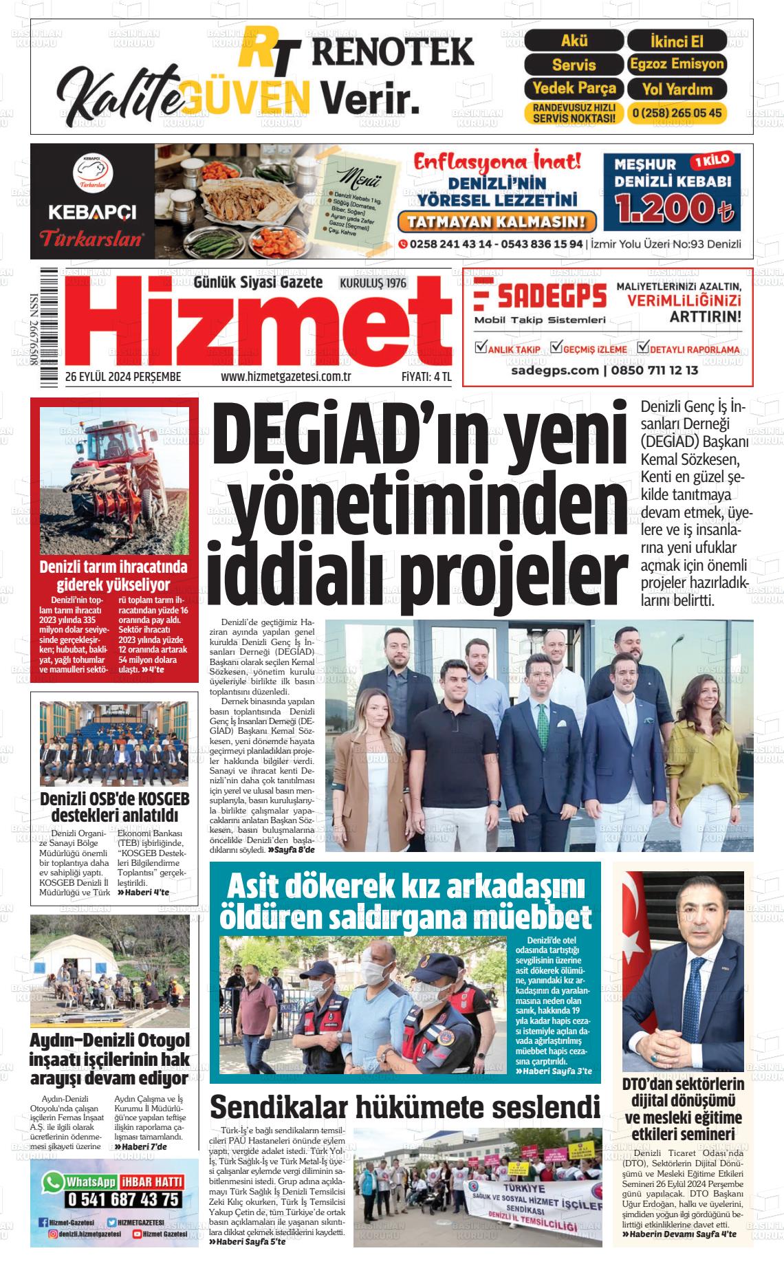 26 Eylül 2024 Hizmet Gazete Manşeti