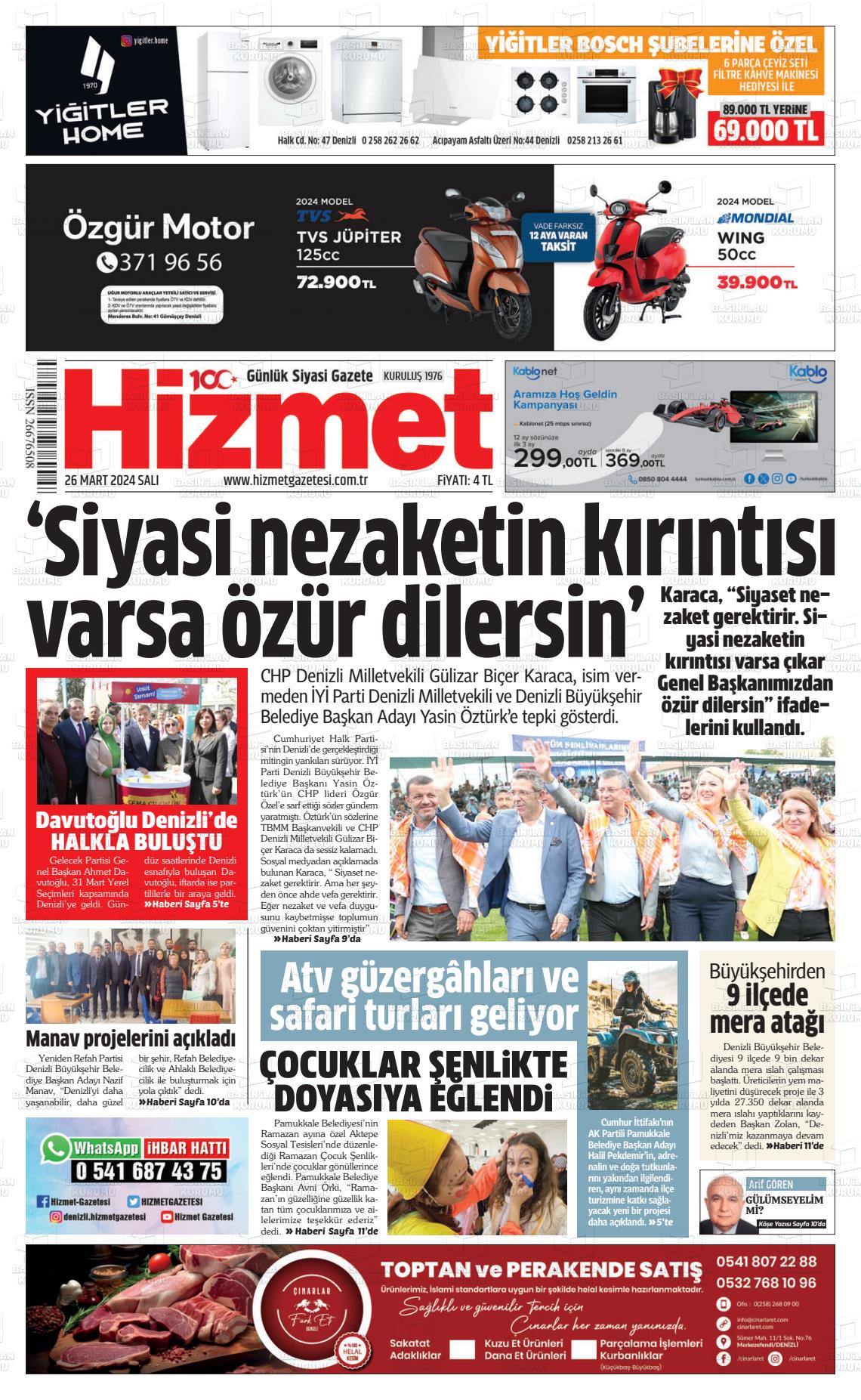 26 Mart 2024 Hizmet Gazete Manşeti