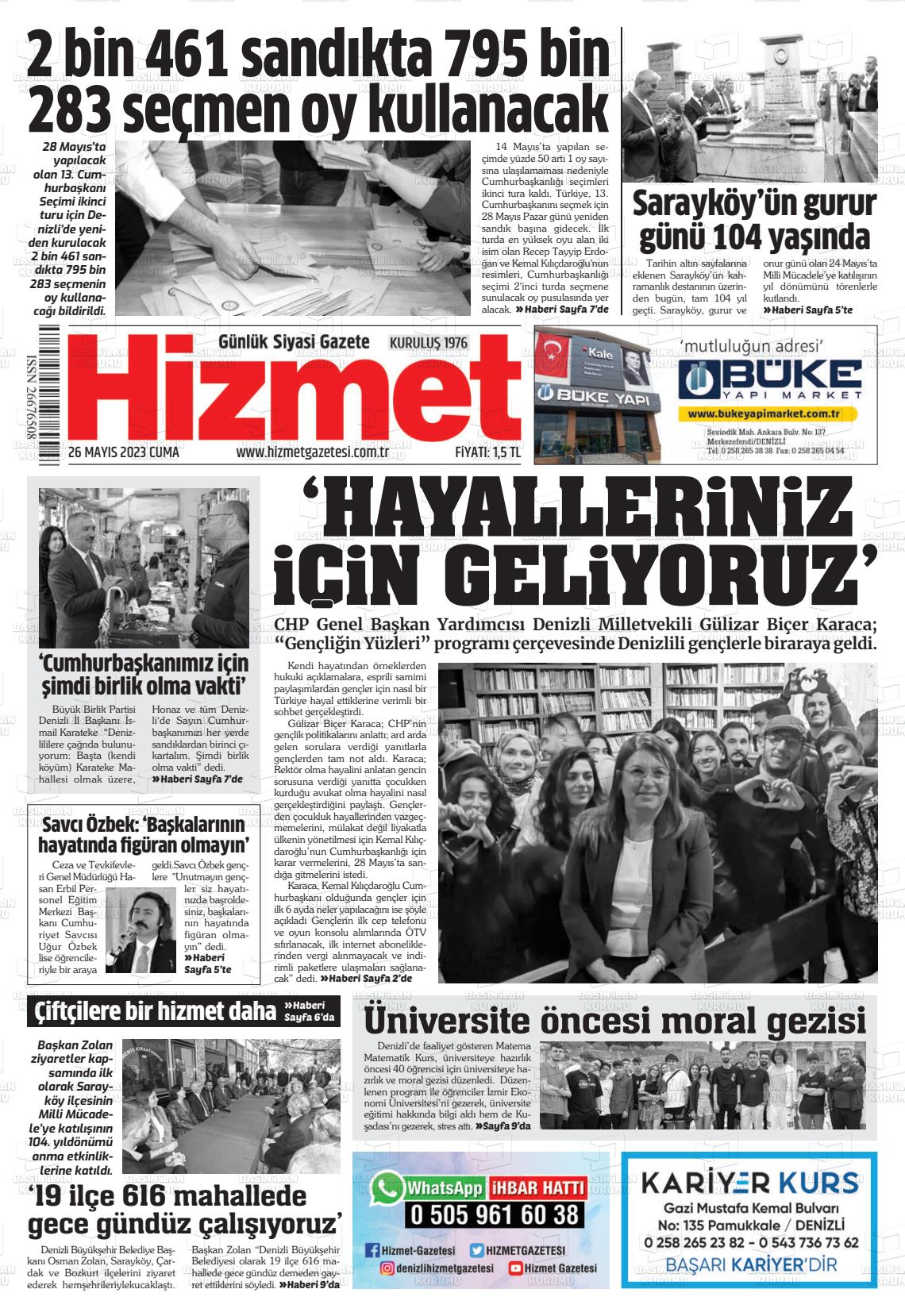 26 Mayıs 2023 Hizmet Gazete Manşeti