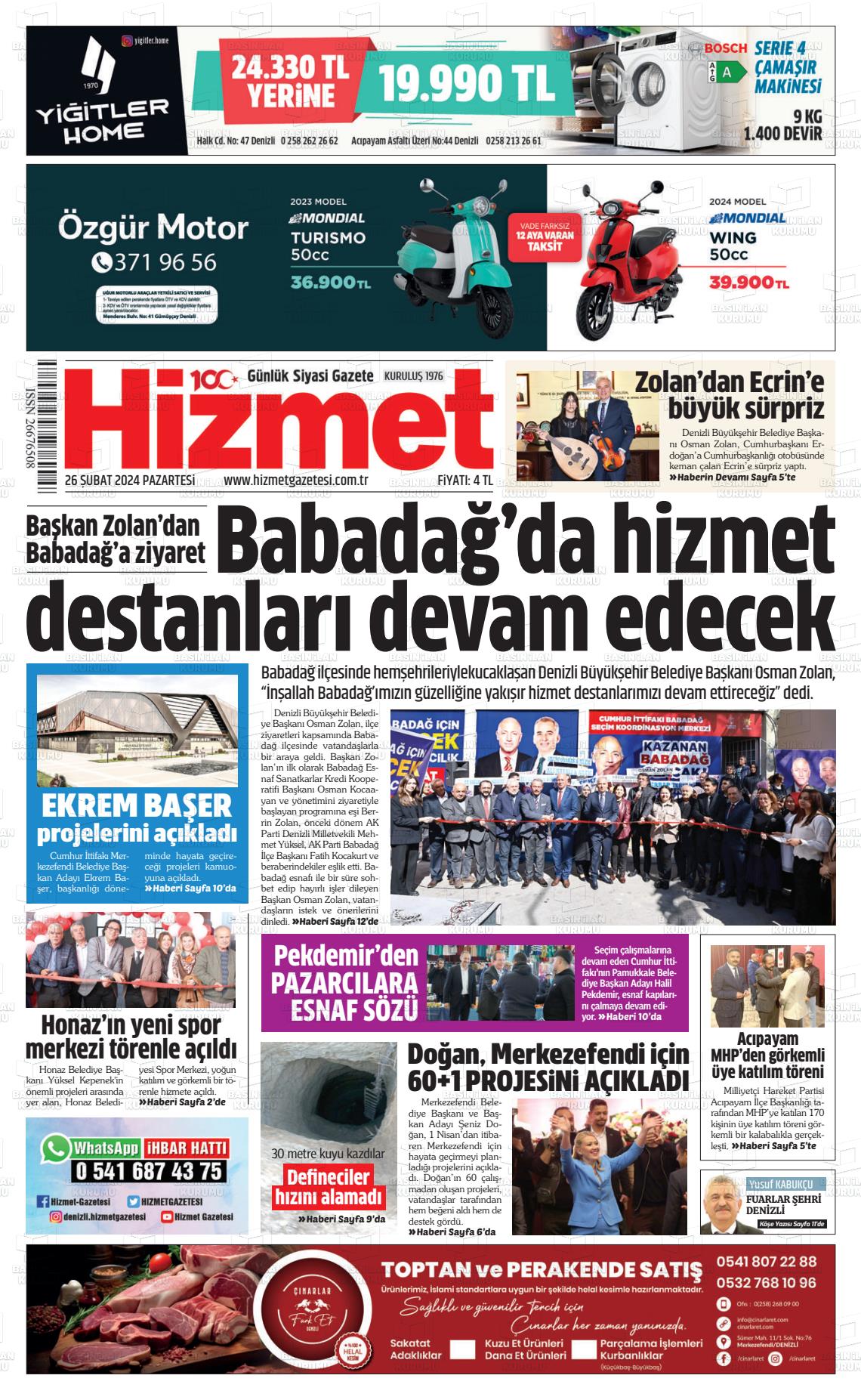 26 Şubat 2024 Hizmet Gazete Manşeti