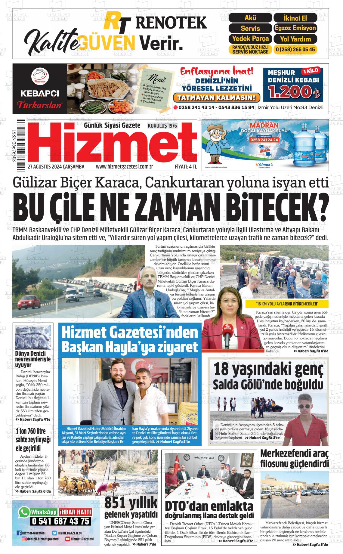 27 Ağustos 2024 Hizmet Gazete Manşeti