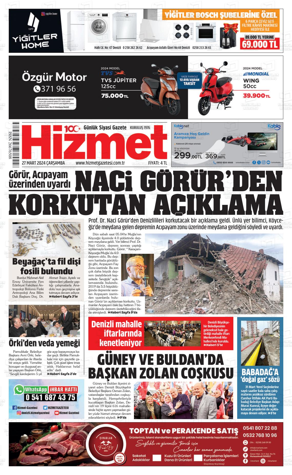 27 Mart 2024 Hizmet Gazete Manşeti