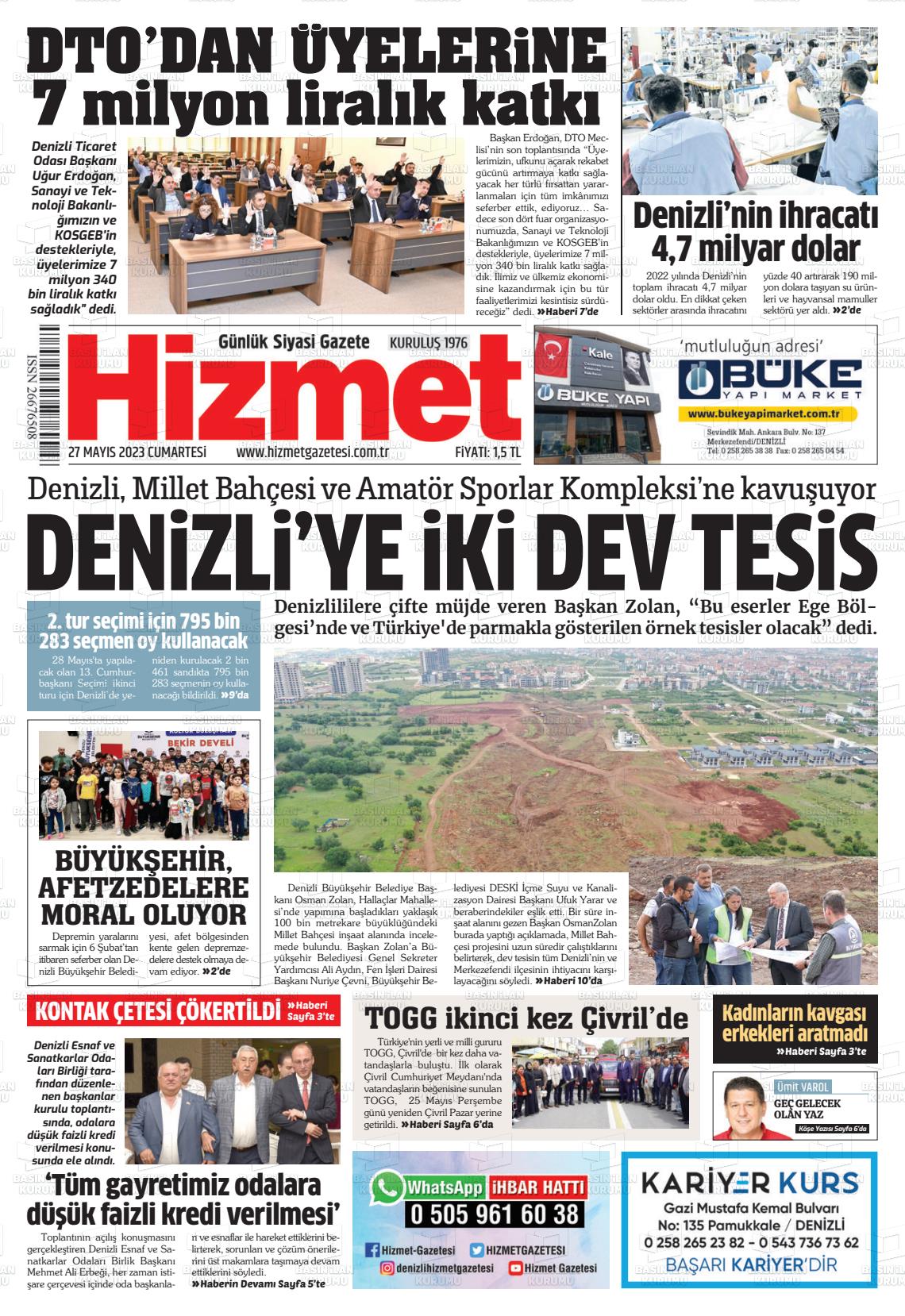 27 Mayıs 2023 Hizmet Gazete Manşeti