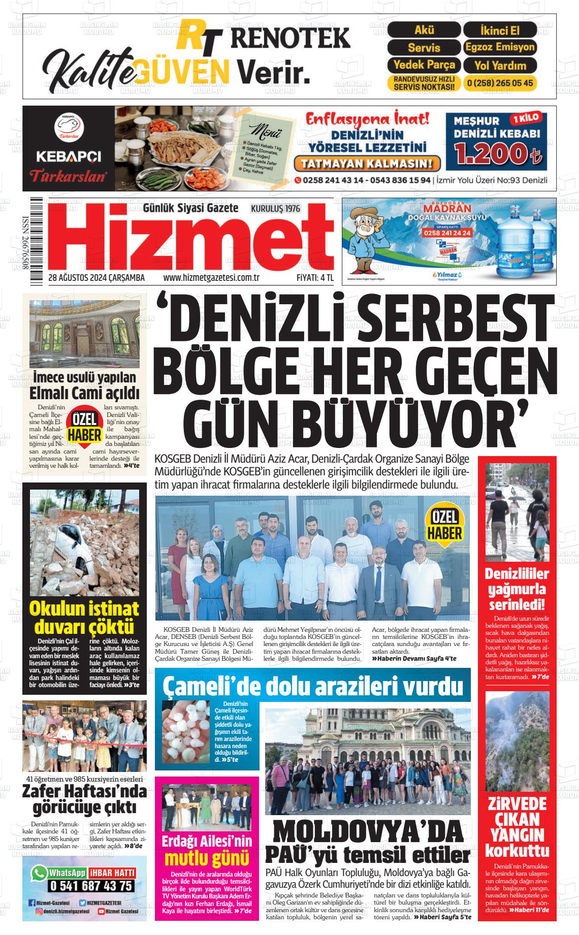 28 Ağustos 2024 Hizmet Gazete Manşeti