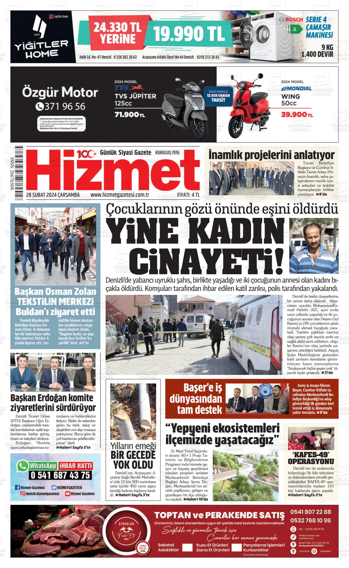 28 Şubat 2024 Hizmet Gazete Manşeti